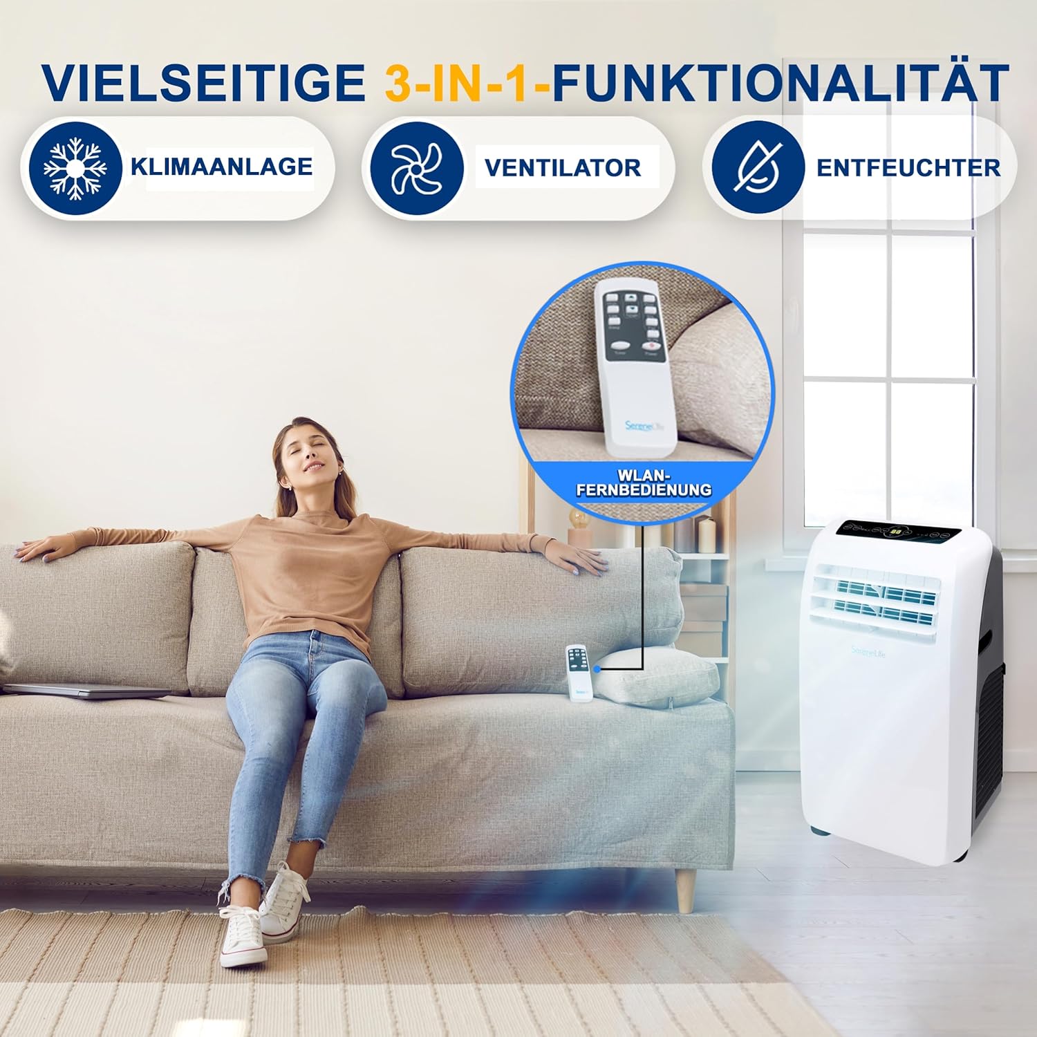 SereneLife Mini Klimaanlage mobil, 3-in-1 mobiles Klimagerät mit Abluftschlauch – Luftkühler, Luftentfeuchter & Ventilator, Air conditioner – 9.000 BTU, 1,5L Feuchtigkeit/Stunde, kühlt Räume bis 42 m2