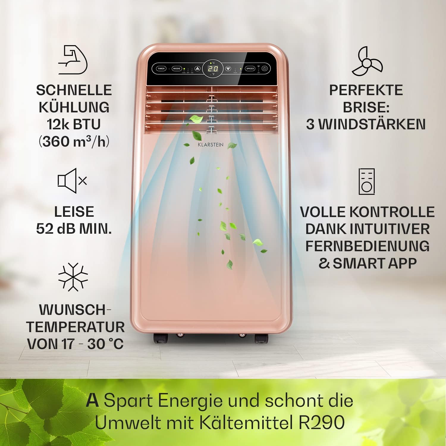 Klarstein Mobile Klimaanlage mit Abluftschlauch, 4-in-1 Klimagerät mit Ventilator, Luftentfeuchter & Nachtmodus, Kleine & Portable Klimaanlage für Wohnung & Büro, Niedriger Verbrauch, 9000 BTU