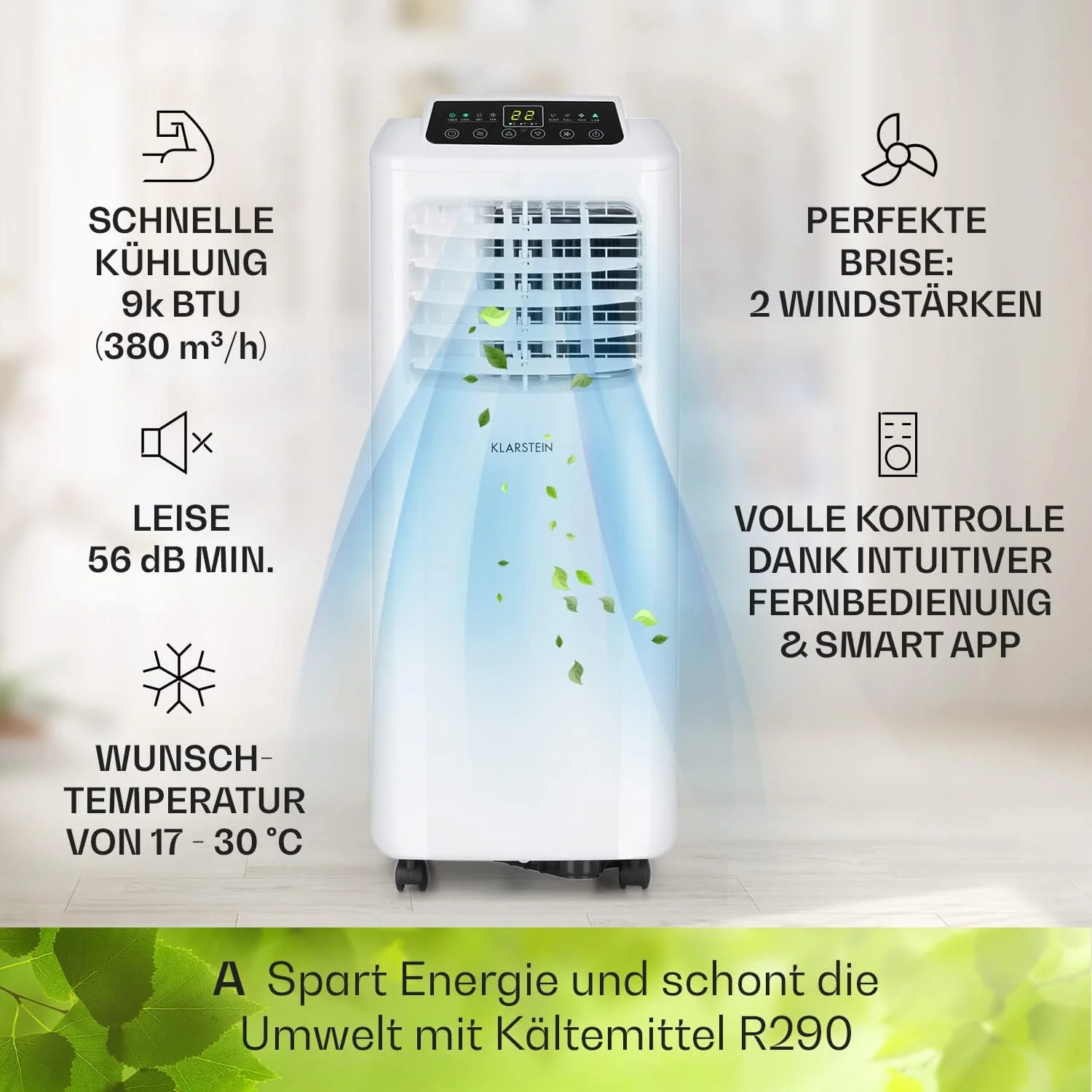 Klarstein Airconditioner, 4-in-1 Airconditioningsysteem, Luchtontvochtiger, Ventilator & Nachtmodus, Mobiele airconditioner met afvoerslang, App-bediening, Airconditioner voor ruimtes tot 44 m2, 9000 BTU, Wit
