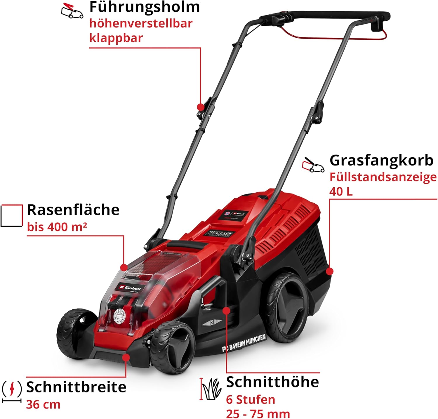 Einhell Akku-Rasenmäher GE-cm 36/36 Li Kit FC Bayern Power X-Change (36 V, 36 cm Schnittbreite, bis 400 m², Brushless, 25-75 mm Schnitthöhe, inkl. 2X 4 Ah Akku und 2X Ladegerät)
