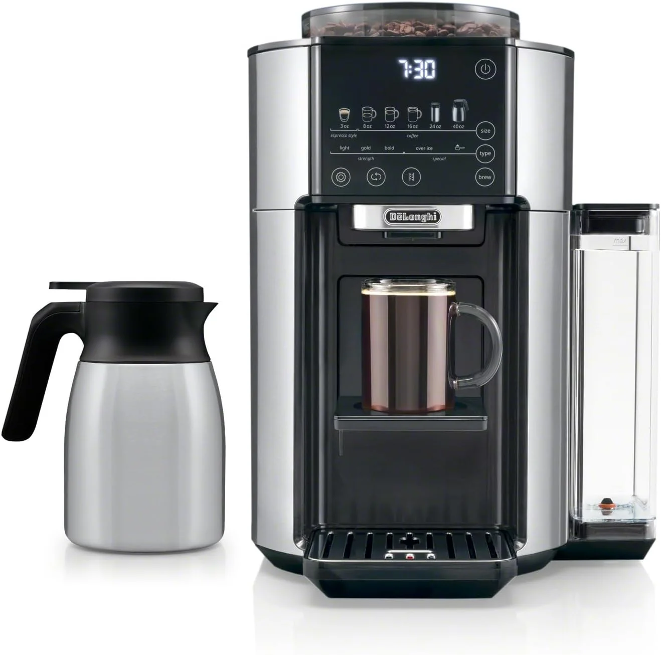 De'Longhi True Brew Drip Coffee Maker, Built in Grinder, Single Serve, 8 oz to 24 oz, Hot or Iced Coffee, Stainless, CAM51025MB