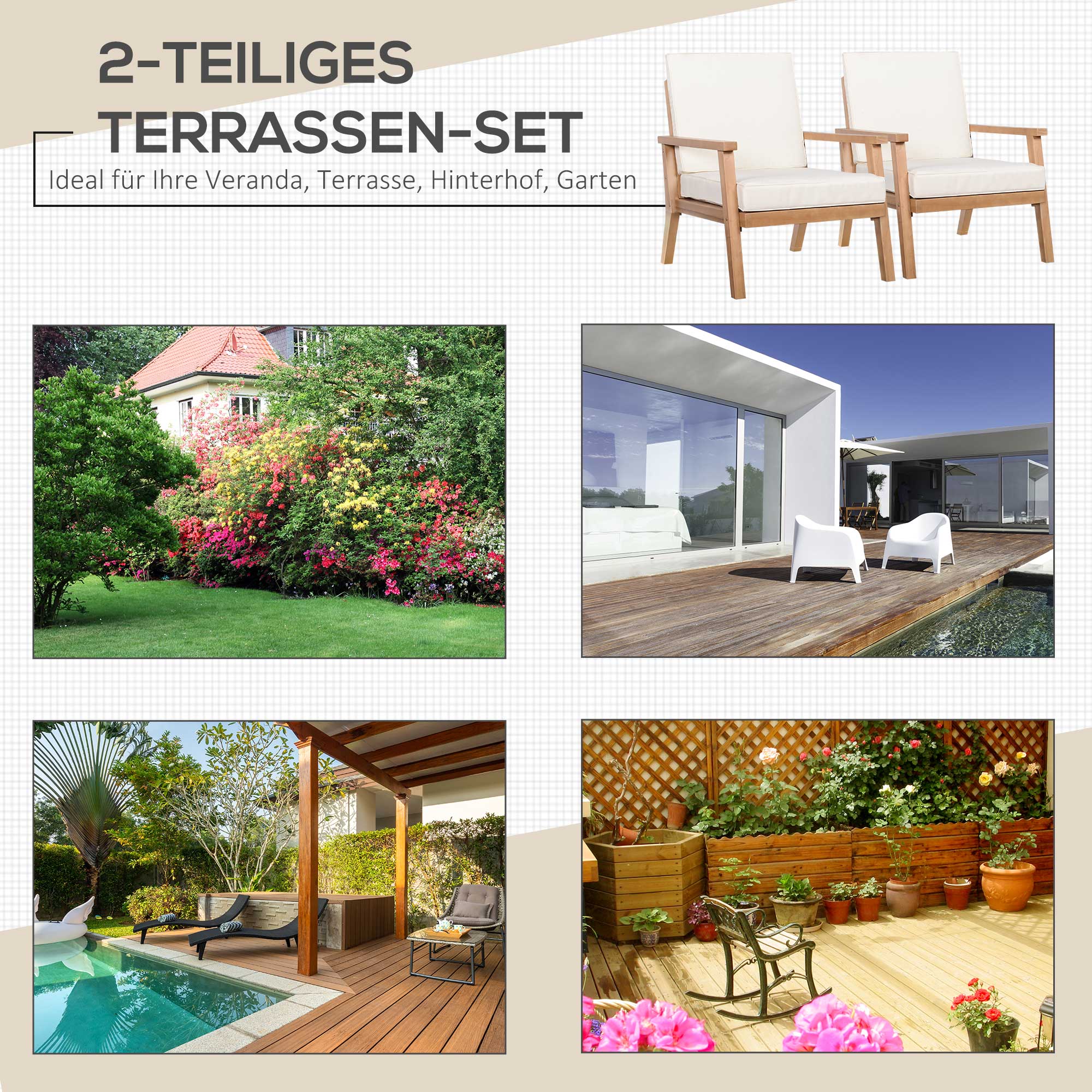 2 tuinstoelen van natuurlijk hout, met zitkussens, bruin+beige, 66 x 77,5 x 74,5 cm (per stoel)