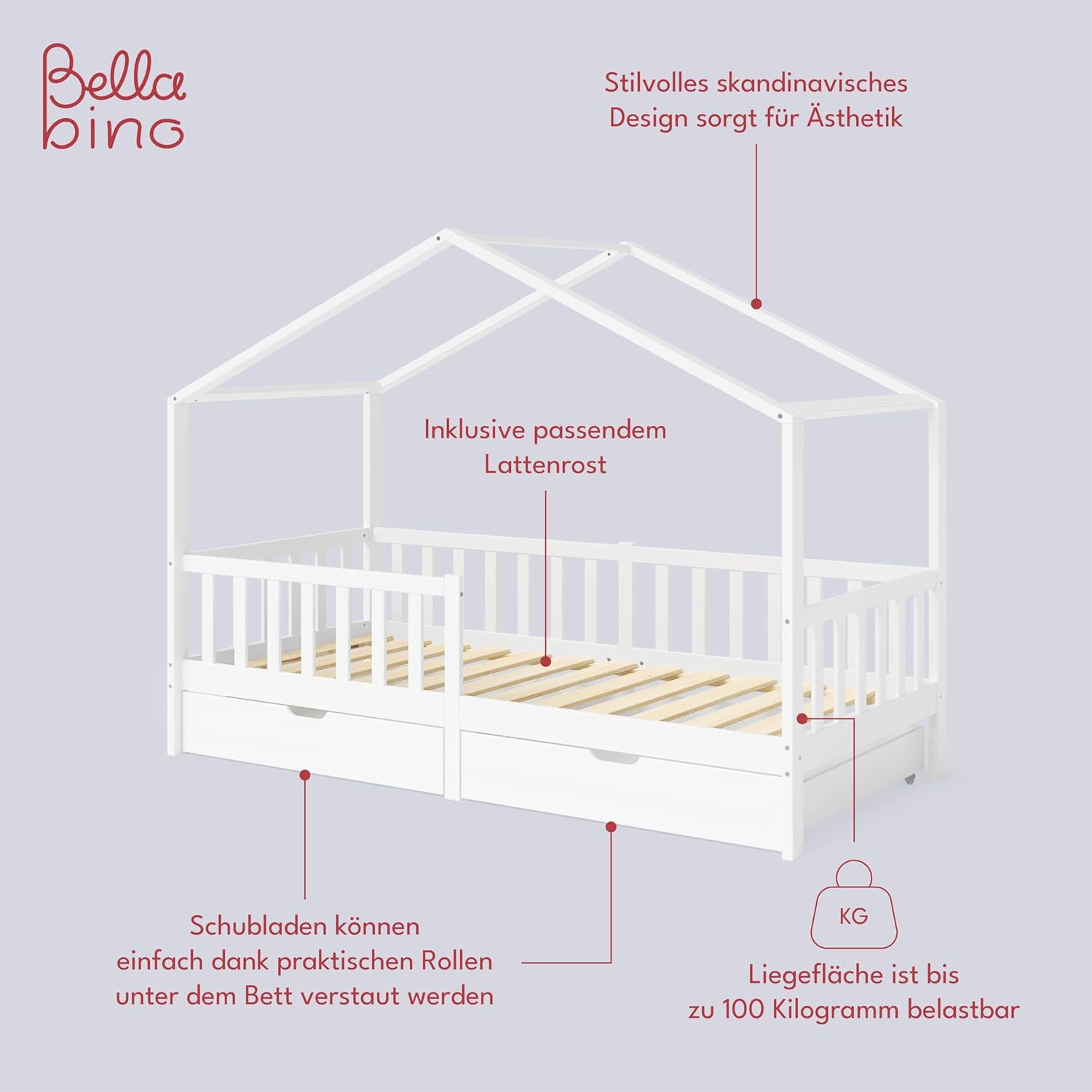 Bellabino Kinderbett Bia 140x200 cm, Hausbett Kinder inkl. Rausfallschutz und Rolllattenrost, Montessori Bodenbett weiß aus Massivholz Kiefer