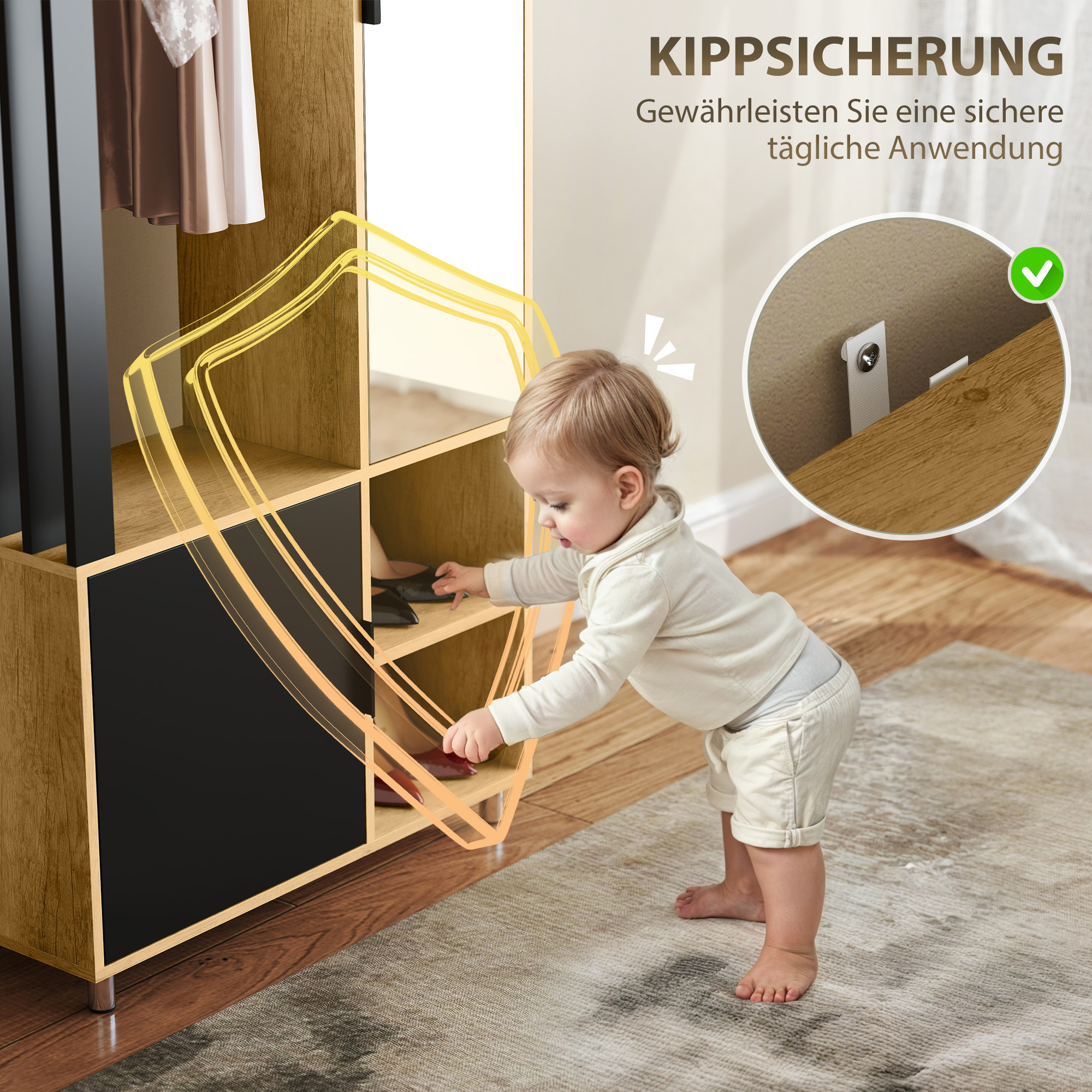 Kast met Spiegel en Kledingstang, Opbergruimten, Open Opbergruimtes, Natuurlijk hout, Zwart