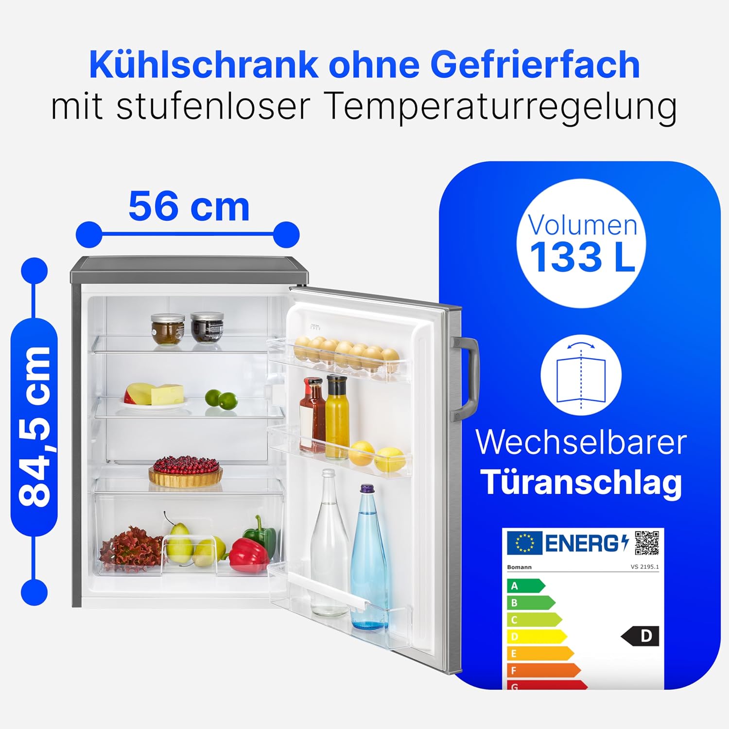 Bomann® Kühlschrank ohne Gefrierfach | Energieklasse D | 85cm | leise 39dB | 3 Ablagen | Türanschlag wechselbar | 133L | Kühlschrank klein mit Gemüsefach | Standardkühlschrank | VS 2195.1 inox