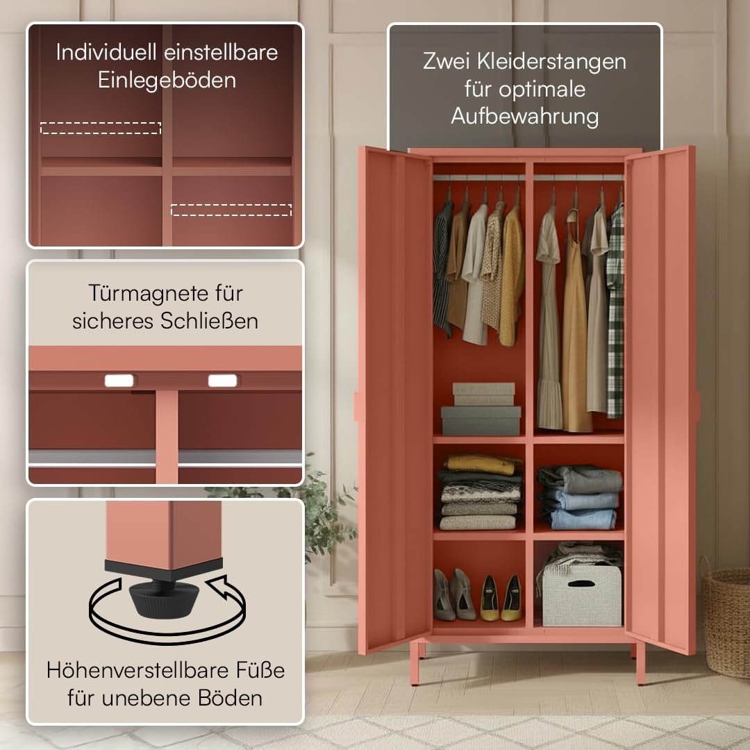 skølm Ituri Metallschrank Terrakotta – Kleiderschrank mit 6 Fächern & 2 Kleiderstangen – Garderobenschrank Flur 80 cm breit – Schlafzimmerschrank Industrial Style – Stahlschrank für Wohnzimmer & Büro