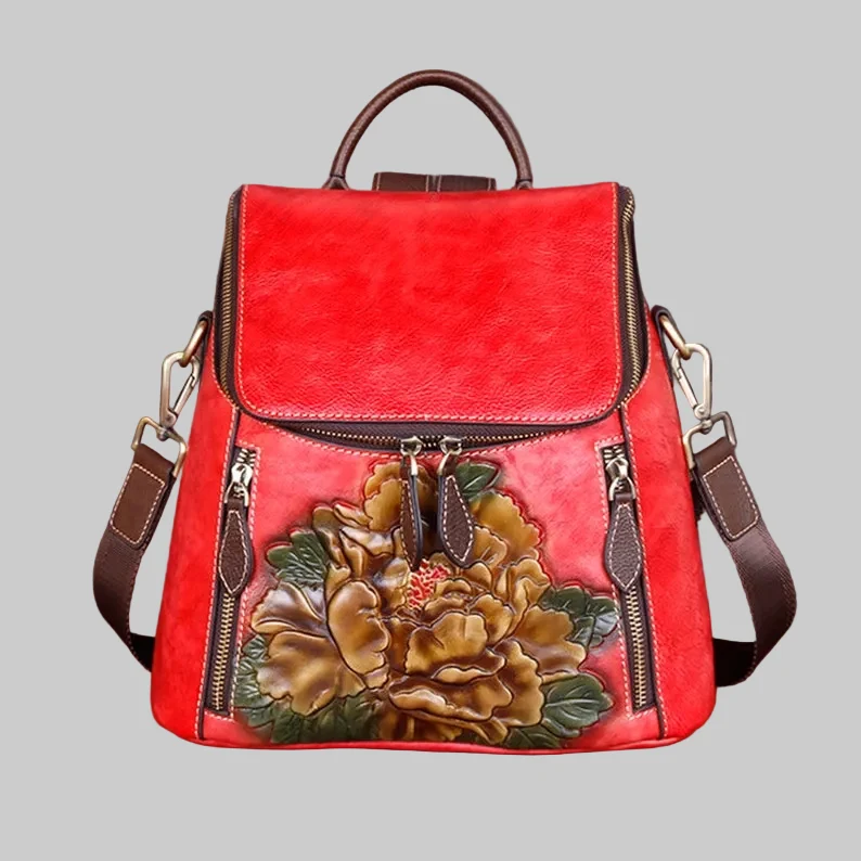 Unique Embossed Floral Leather Backpack