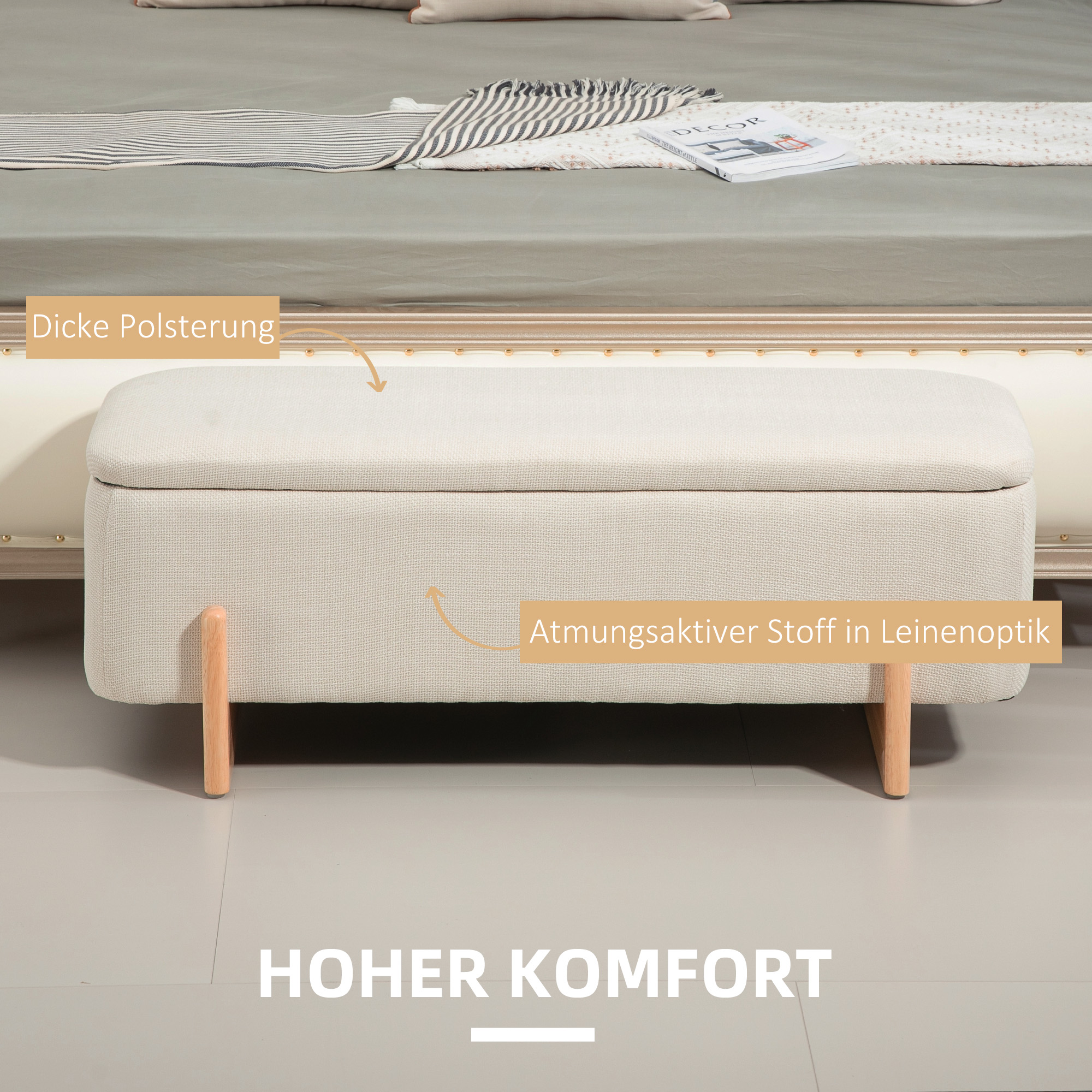 Kruk met Opbergruimte, Zitbank met Schuimstofpolstering, Linnenlook, 111 x 44 x 44,5 cm, Cr��mewit