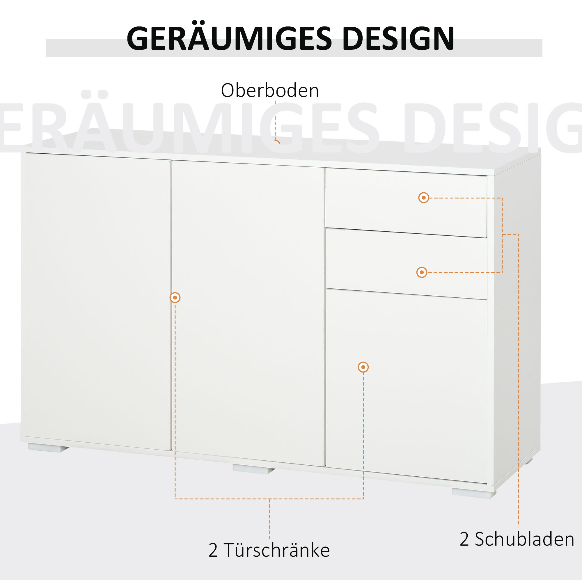 Witte Dressoir Kast, 2 Laden, Push-Click, 117 cm x 36 cm x 74 cm