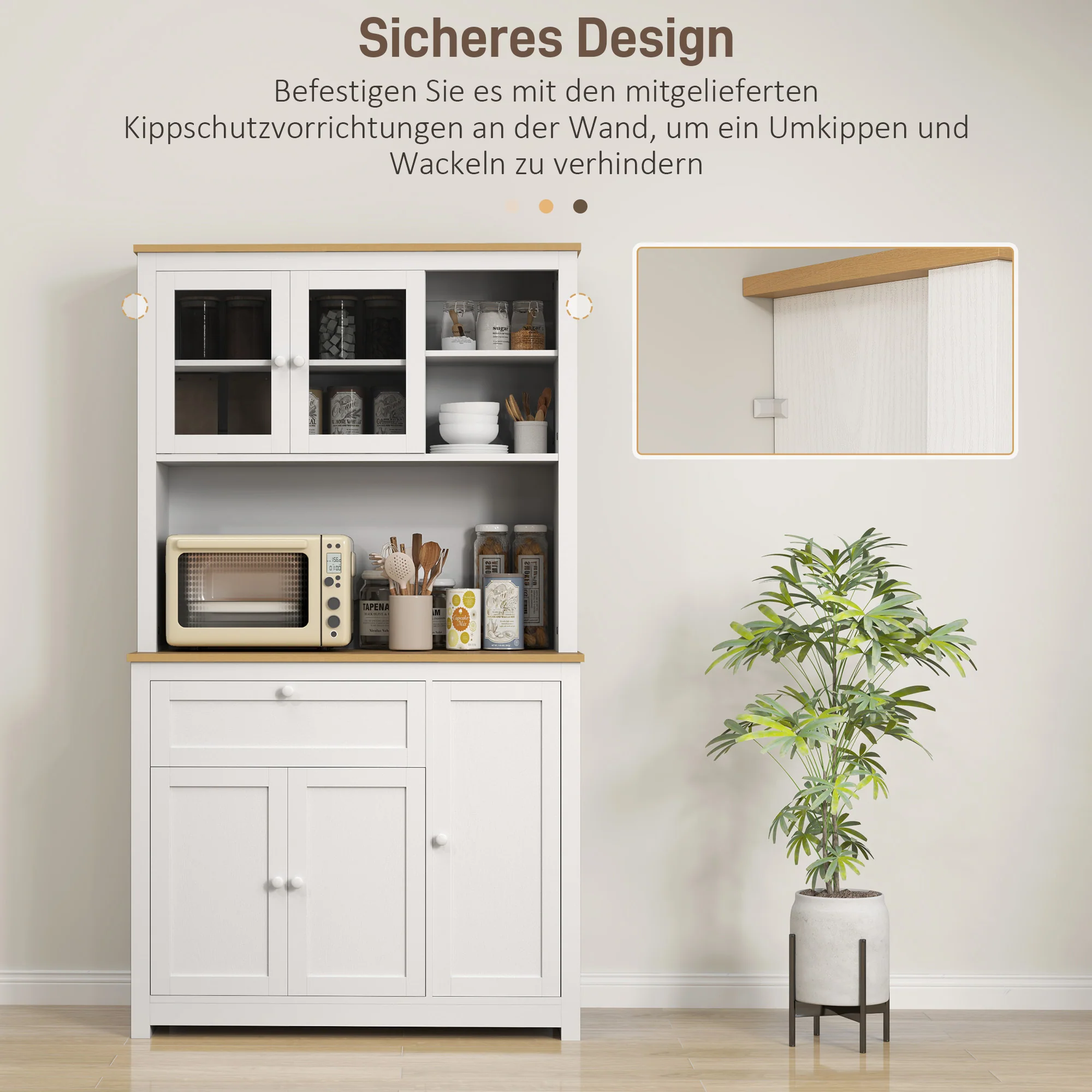 HOMCOM Landhuisstijl Keukenkast, 1 Vitrine, 1 Open Schap, 1 Lade, 2 Kasten, Natuur + Wit