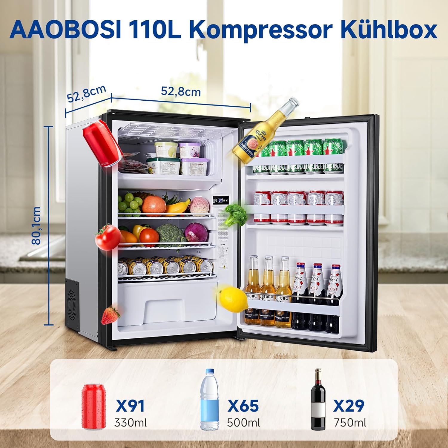 AAOBOSI 110L Kompressor Kühlbox, Zwei Temperaturzonen, Wohnmobil Kühlschrank mit LED-Leuchten, 12/24V DC, Großem Fassungsvermögen Kühlbox Auto, bis -15℃ für Auto, Wohnmobile, Boote, Camping und Reisen