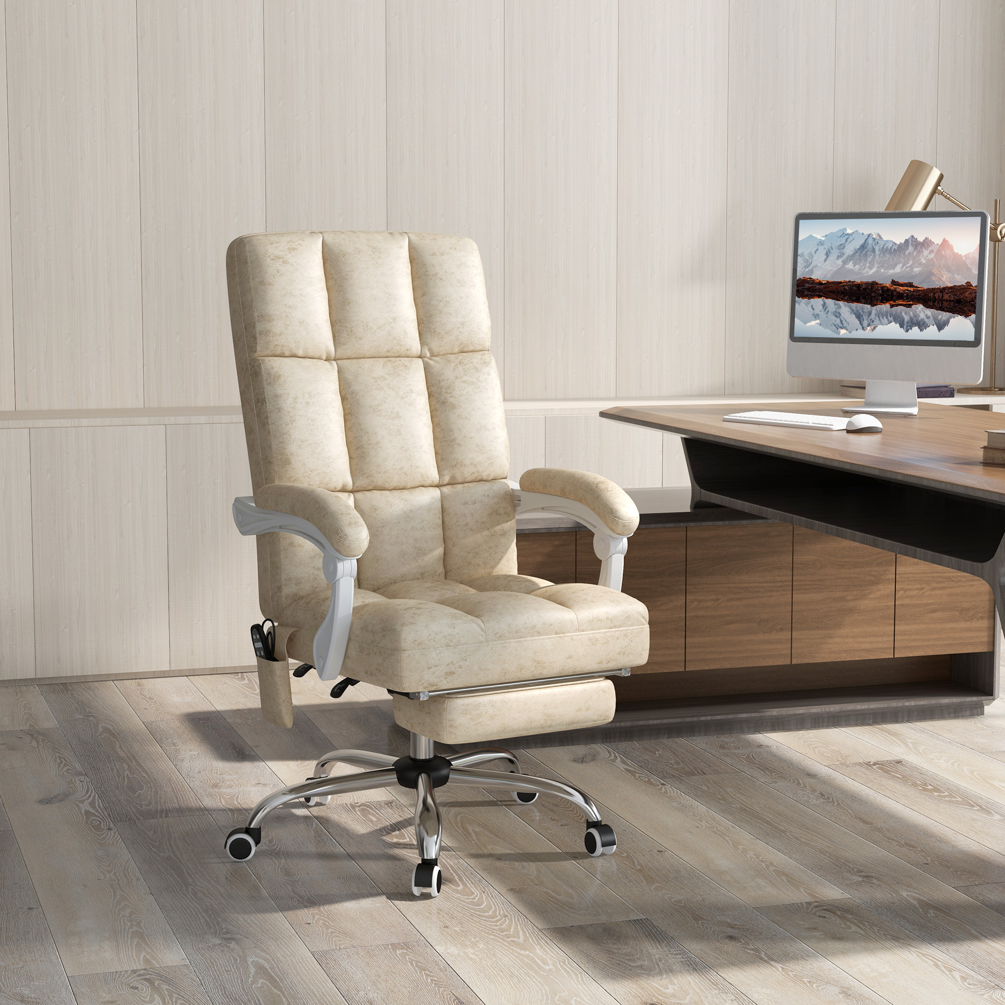 Vinsetto Bureaustoel met Massage- & Warmtefunctie, Voetsteun, Verstelbaar, tot 120kg, Beige