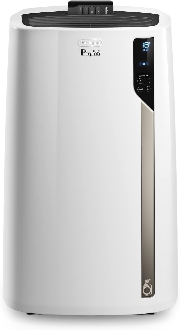 De'Longhi Pinguino PAC EM82, Mobile Klimaanlage für Räume bis zu 80 m³, 9.400 BTU, 2,4 kW, 63 dB, Entfeuchtungsfunktion, Energieklasse A, 24h-Timer, Weiß