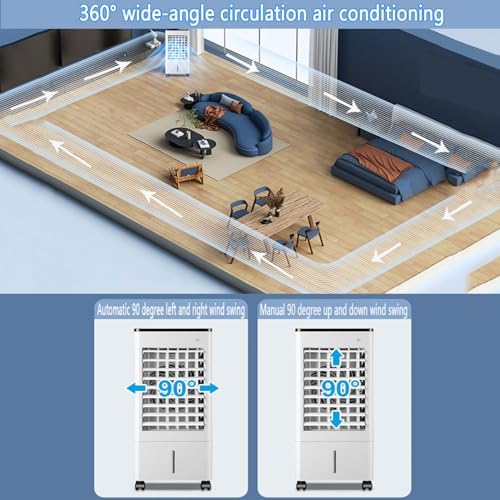 Tragbare Klimaanlage 3 in 1 Verdunstungskühler, Innenkühler Ventilator mit 9L Wassertank, Geschwindigkeitsfernbedienung, 90° Oszillation,