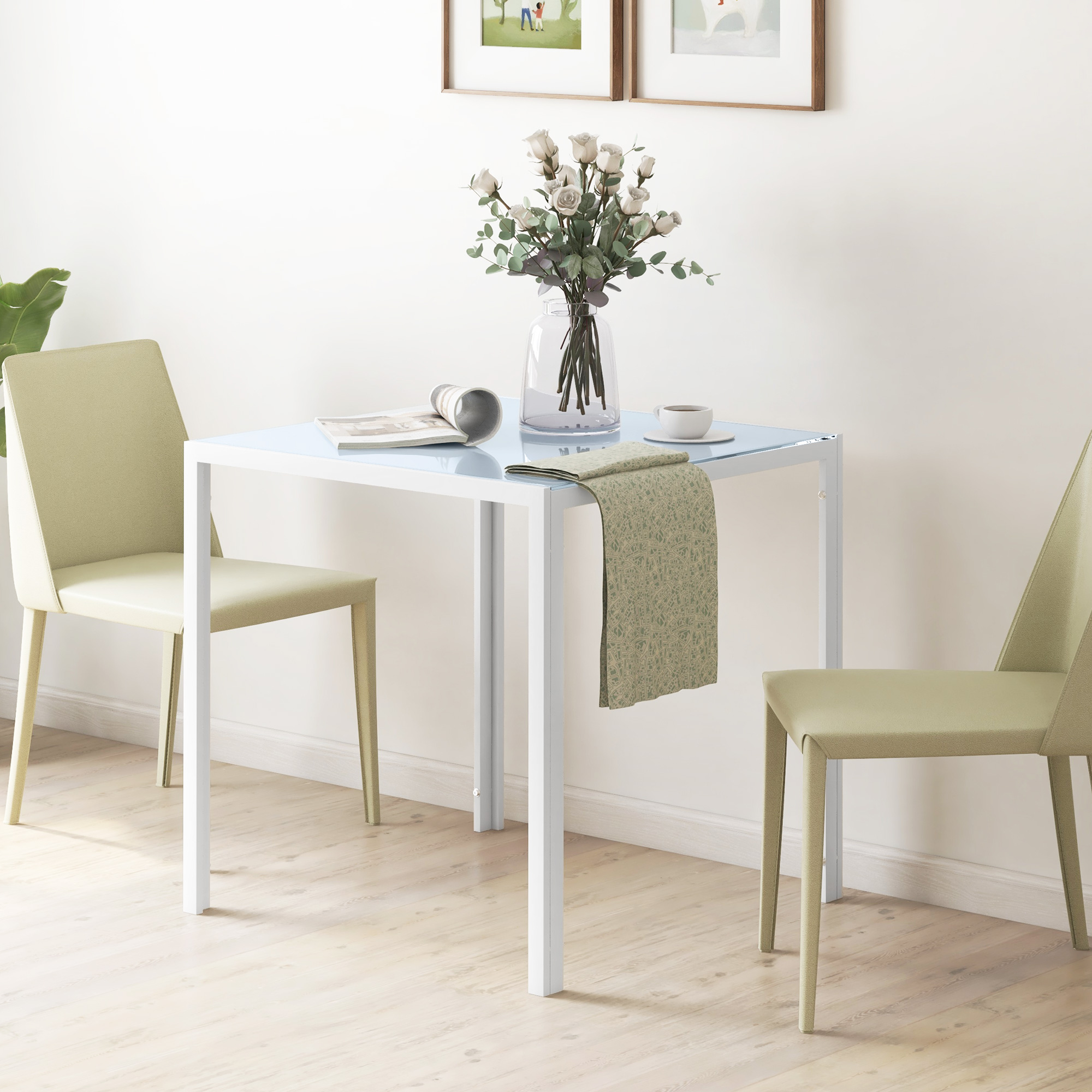 Vierkante Eetkamertafel voor 4 Personen, Tafelblad van Gehard Glas, voor Keuken en Eetkamer, 75 x 75 x 75 cm, Wit