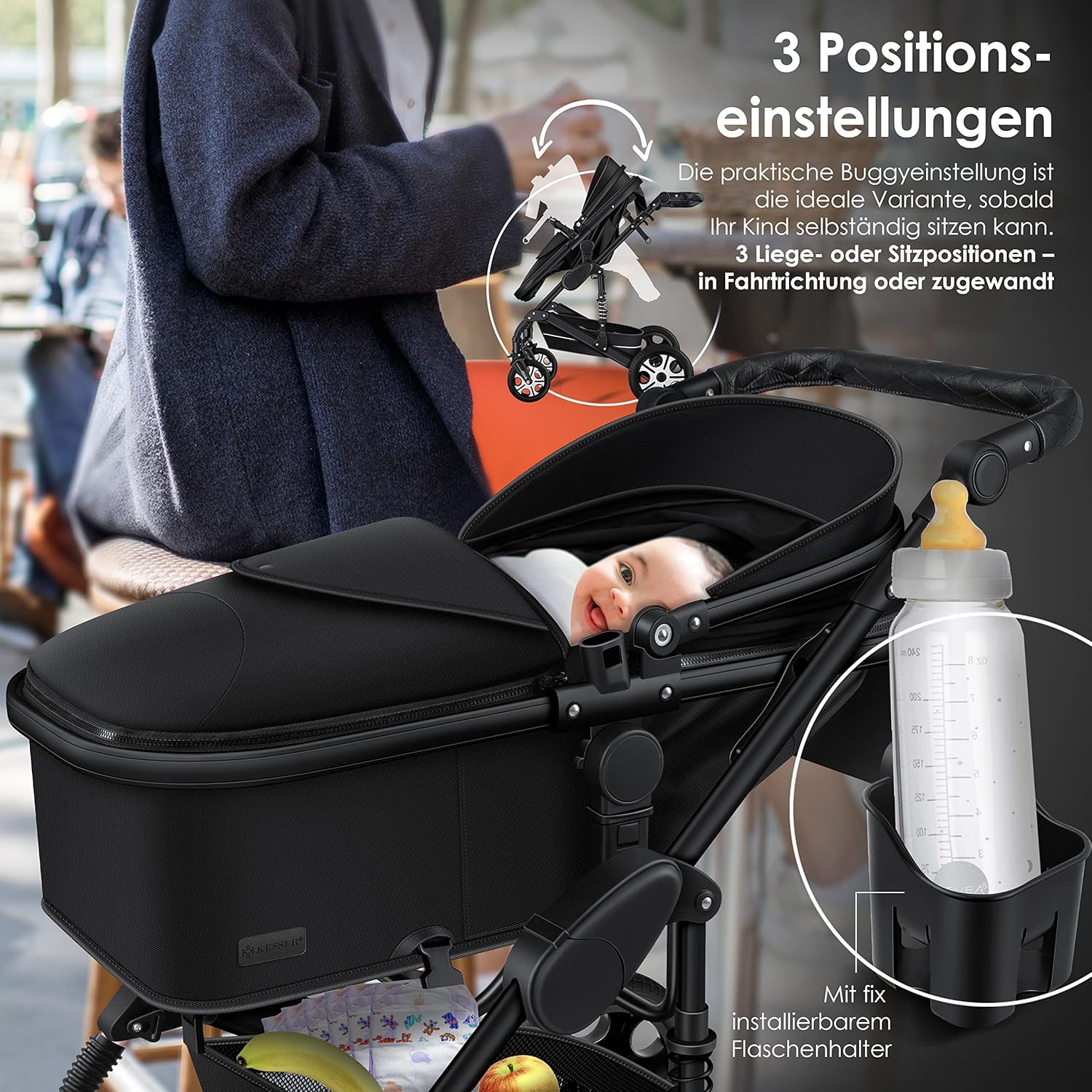 KESSER® Loops 3 in 1 Kinderwagen Kombikinderwagen Komplett-Set inkl. Babywanne & Buggy Sportsitz & Auto-Babyschale Voll-Gummireifen Wickeltasche Regenschutz Kindertisch ECE R129, Schwarz/Champagne