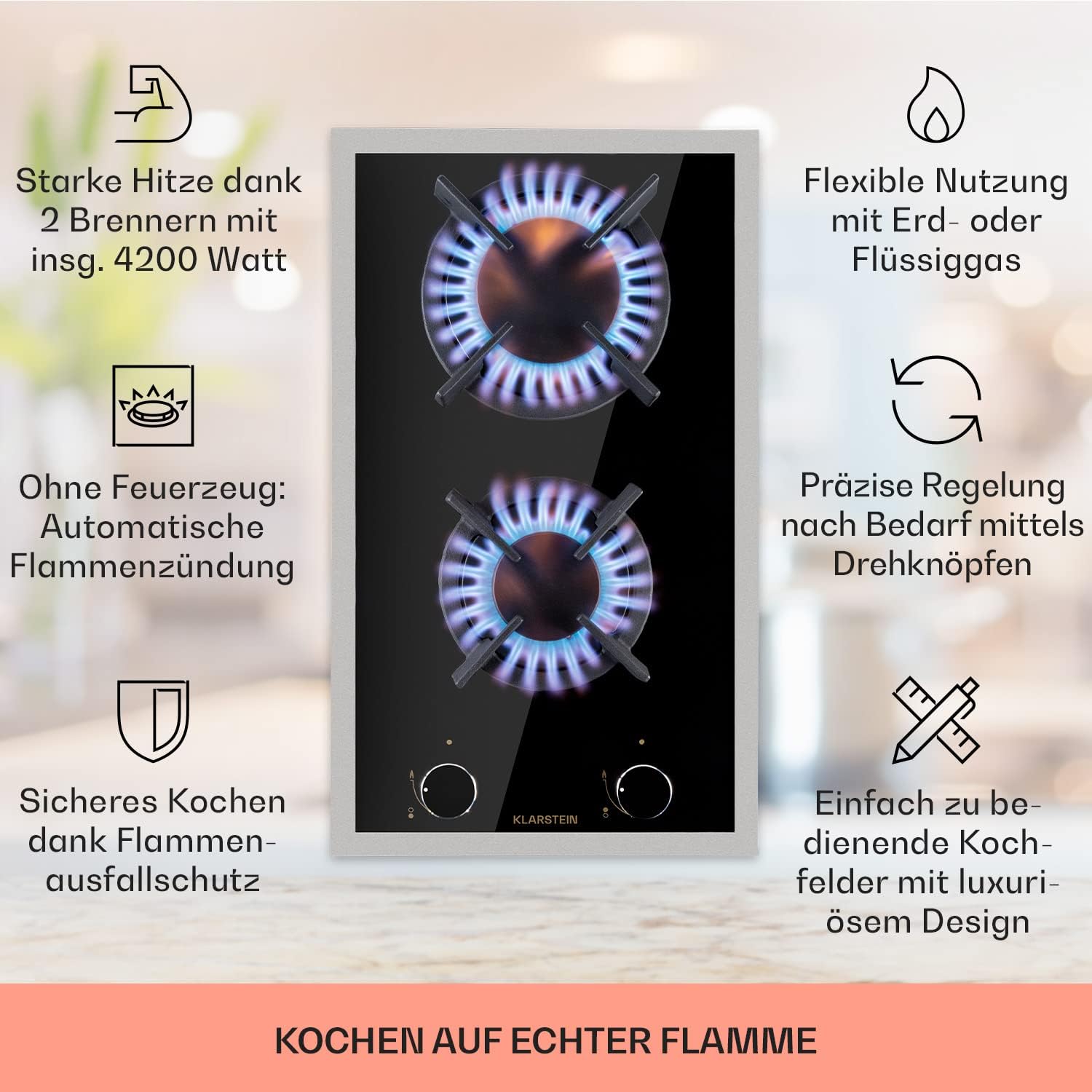 Klarstein Gasherd, Gaskochfeld 4 Flammig, Einbau-Gaskocher für Zuhause & Wohnmobil, Campingkocher mit Glasplatte, Gasherd für Propan- und Erdgas, Edelstahl Gas-Herdplatte Wok Brenner 8000 Watt