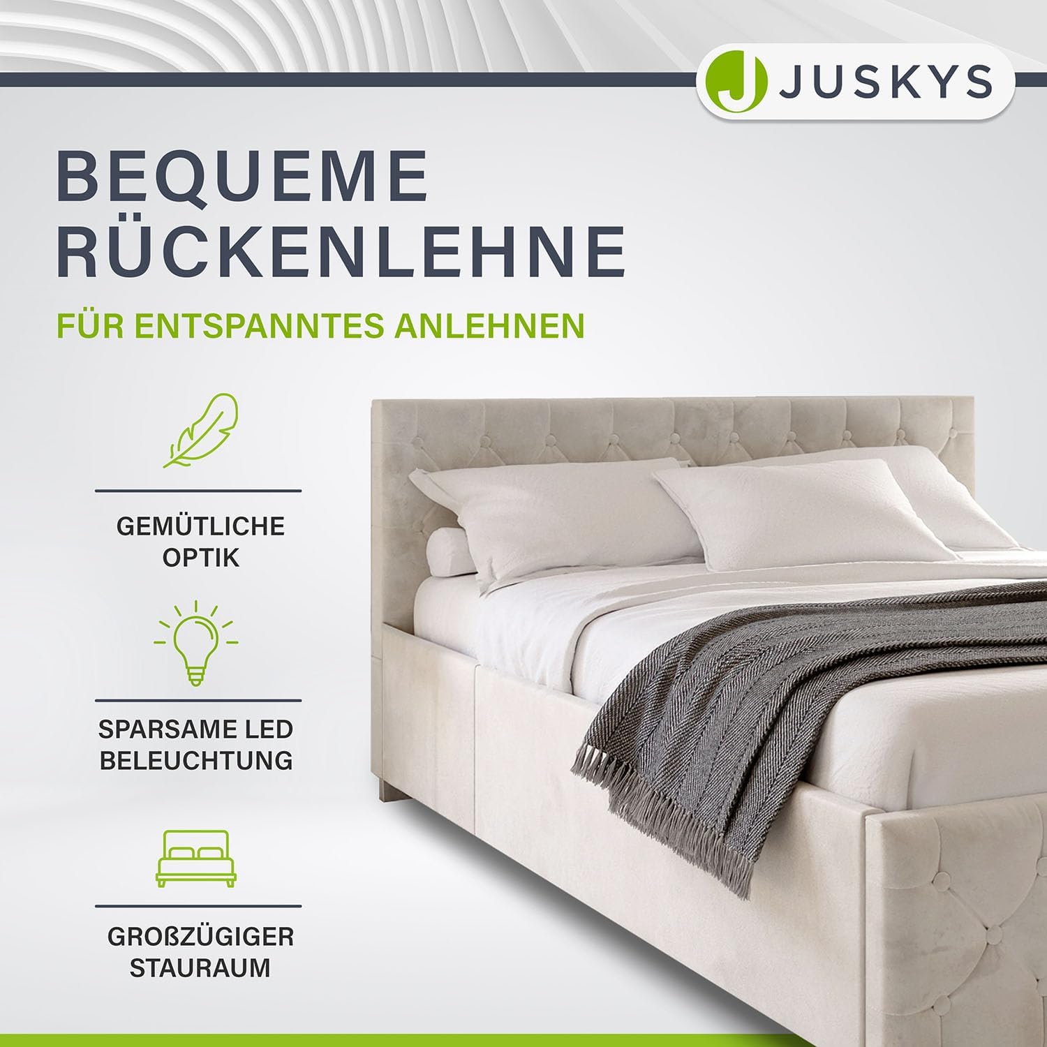 Juskys Polsterbett Nizza 140x200 cm Samt mit Stauraum, LED Beleuchtung & Lattenrost - Chesterfield Steppung & Kopfteil - Bett Bettgestell - Beige