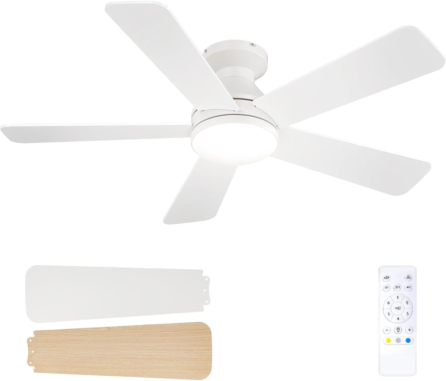 Passky 107cm Deckenventilator mit Beleuchtung & Fernbedienung, leiser DC-Motor, 6 Geschwindigkeiten, Dimmbare LED-Leuchte, 3 Farbtemperaturen, Weiß