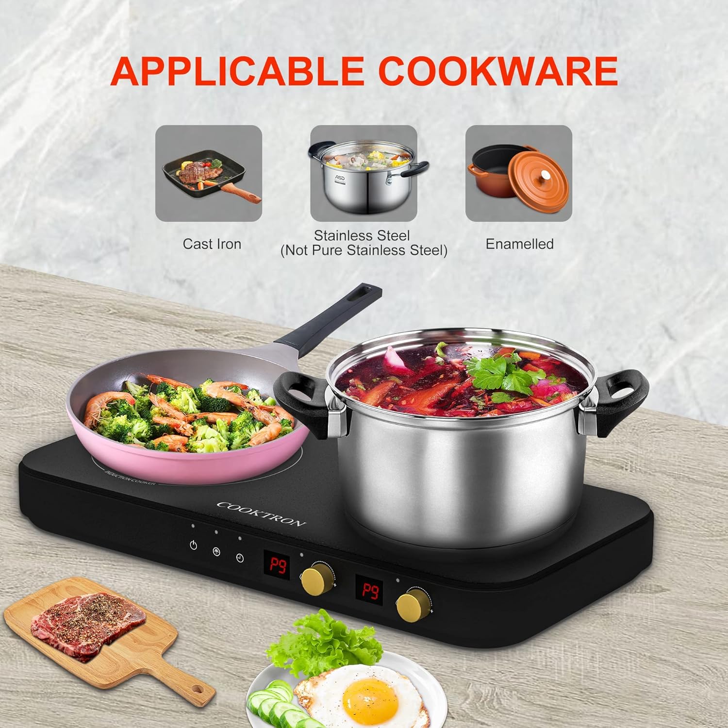 COOKTRON Portable Induktionskochfeld 2 Brenner mit abnehmbarem Eisen Guss Grillpfanne Antihaft, 2800W Doppelinduktionskochfeld mit Kindersicherung Zeit, ideal für Familienfeier