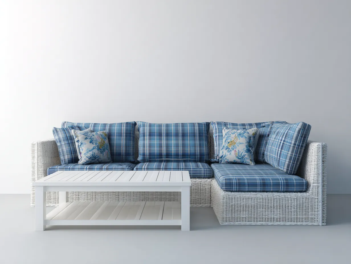 Gartensofa-Polyrattan-Aluminium-Holz-226 x 158 x 72 cm-Weiß-Blau-Moderner Outdoor-Stil