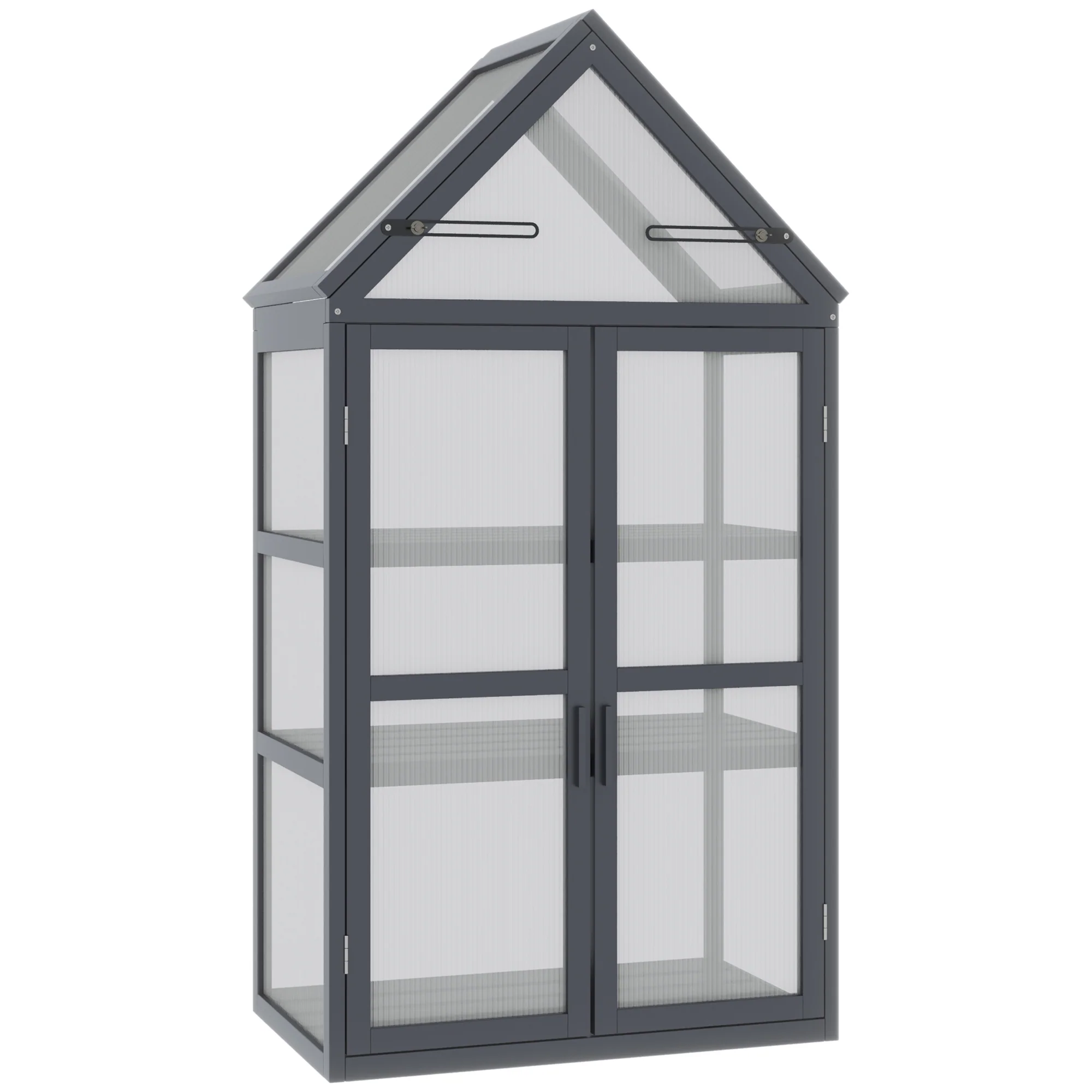 Outsunny kas met 3 planken, massief hout, behuizing van polycarbonaat, grijs, 70,5 x 42 x 132 cm