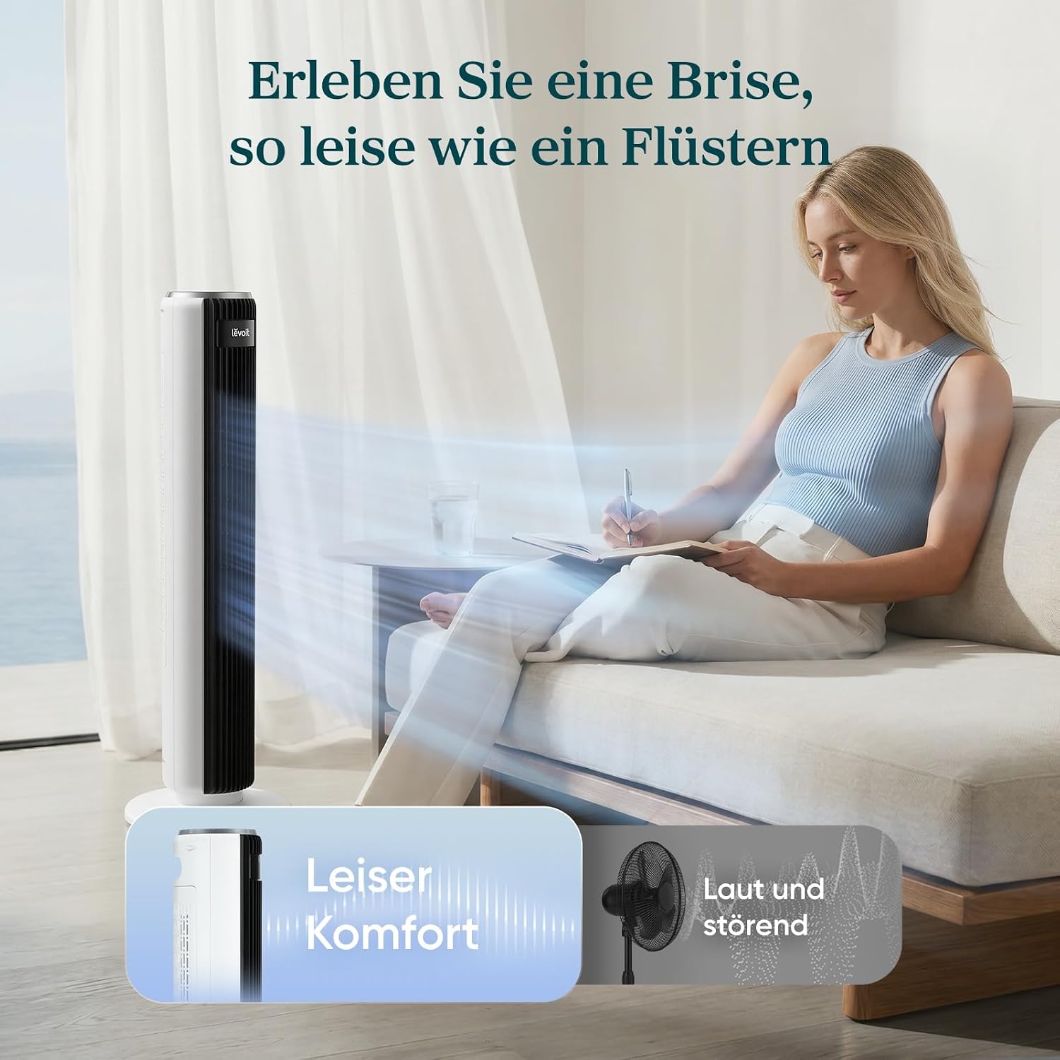 Levoit-Turmventilator mit Fortschrittlichem Schlafmodus-Ventilator leise 12Std Timer 4 Modi 5 Geschwindigkeiten-Automatikbetrieb mit Sensor-Oszillation Tower Fan mit Fernbedienung Weiß 92CM
