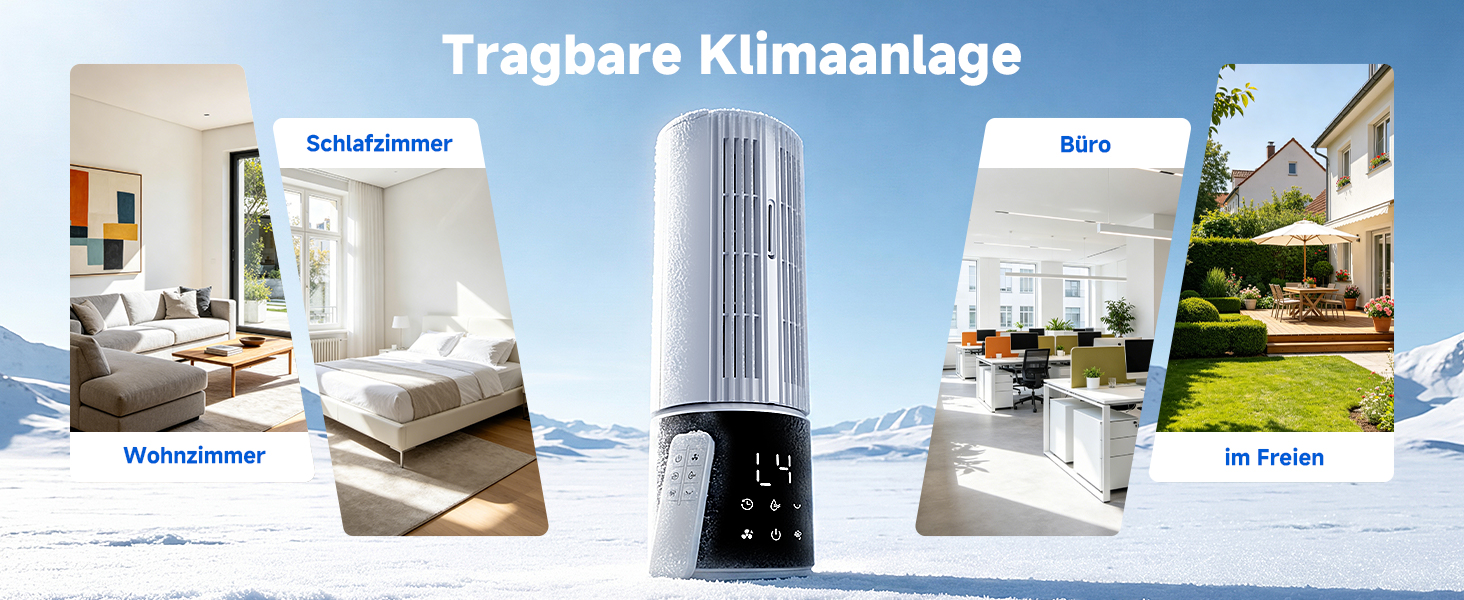 Der Text lautet „Tragbare Klimaanlage“. Collage, die vier Anwendungen zur Klimatisierung von Innenräumen zeigt: Einrichtung des Schlafzimmers, Klimaanlage, Wohnraum und Außenterrasse.