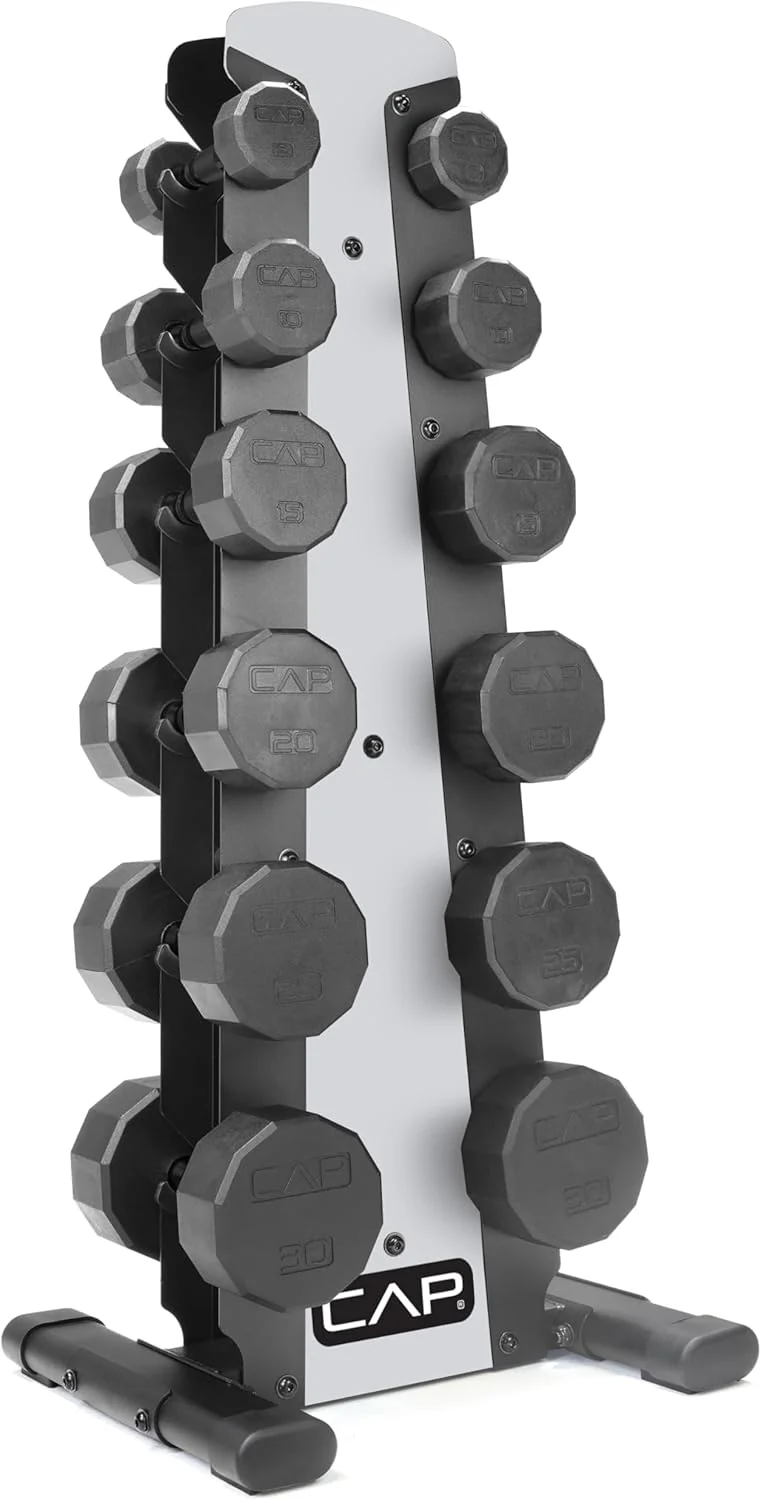 CAP Barbell Rubber Coated Dumbbell Weight Set with Vertical Rack | 100 lb, 150 lb, and 210 lb Options