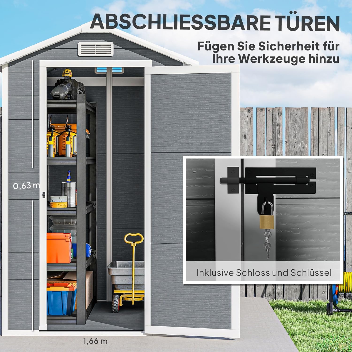 Outsunny Gerätehaus 2,1m², Wasserdicht Gartenhaus mit Boden Pultdach, 131x186x198/172 cm, Geräteschuppen mit Abschließbar Tür, Fenster Fahrradgarage aus Kunststoff, für Hinterhof, Garten, Grau