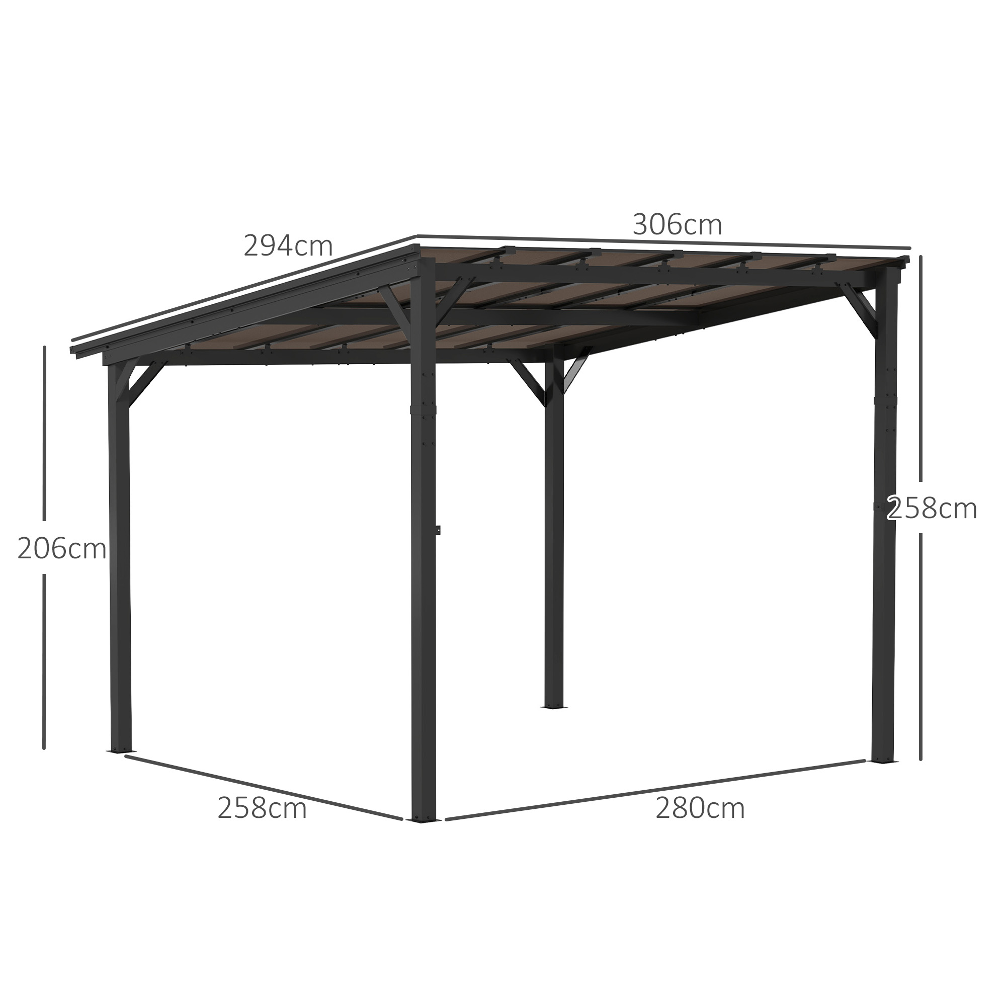 Outsunny 3 x 3 m Metalen Pergola, Tuinpergola met Waterdicht Dak, Vrijstaand, Windbestendig, UV-bestendig, Donkergrijs