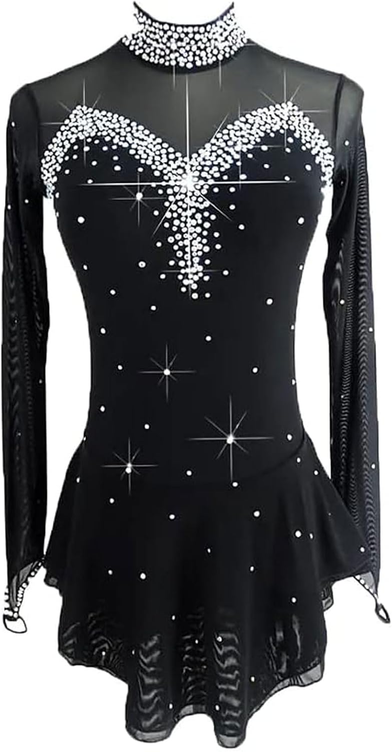 Mädchen Eiskunstlauf Wettbewerb Kleid Damen Eislauf Rock Langarm Künstlerische Trikots Gymnastik Rückenfrei Ballett Leistung Rock mit Strass