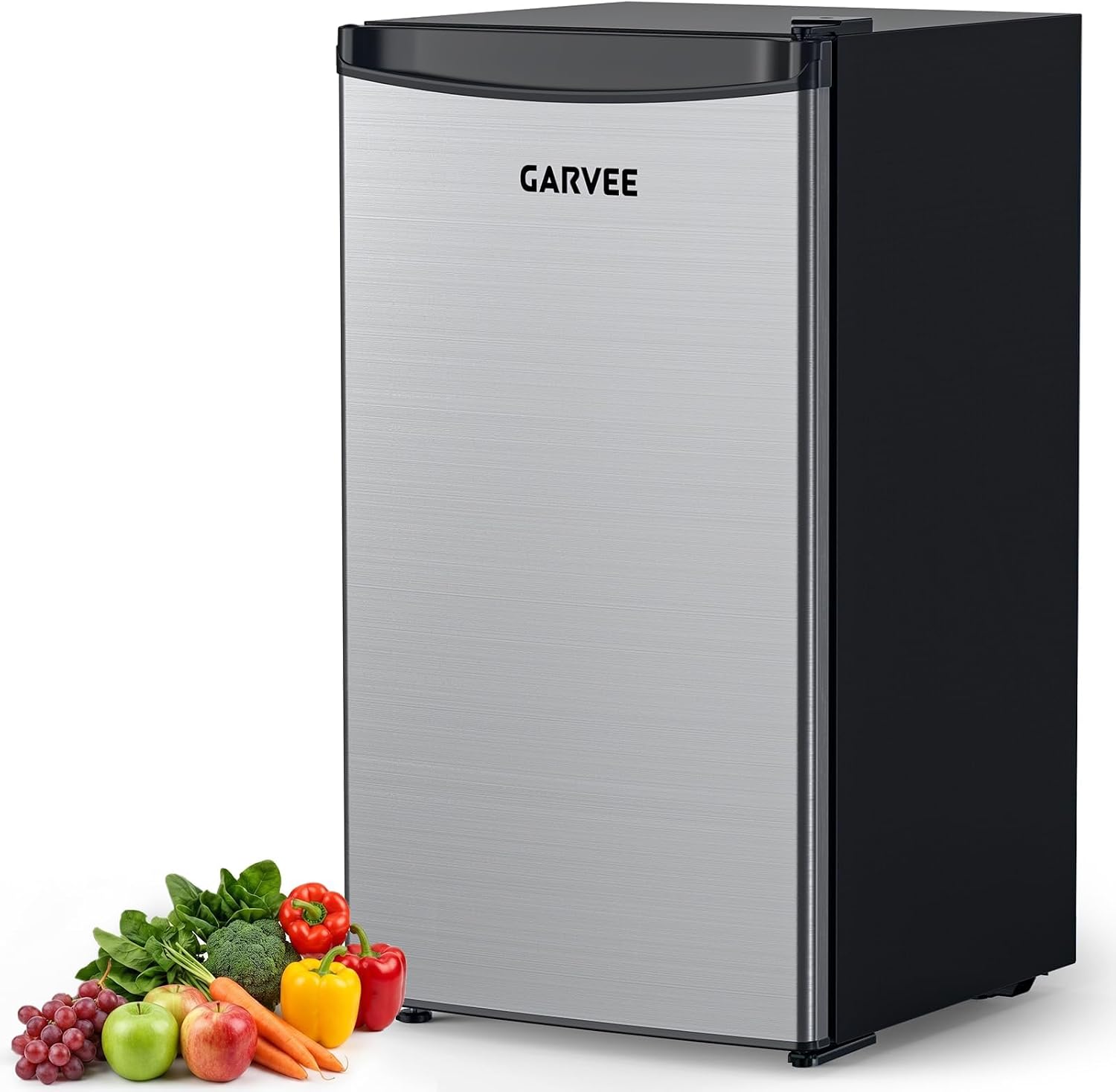 Garvee Leiser Mini Kühlschrank 45L – Edelstahlfront, 5 Temperaturstufen (0–18℃), Gemüseschublade, verstellbare Füße, kompakt & energieeffizient – Für Zimmer & Büro – European Standard