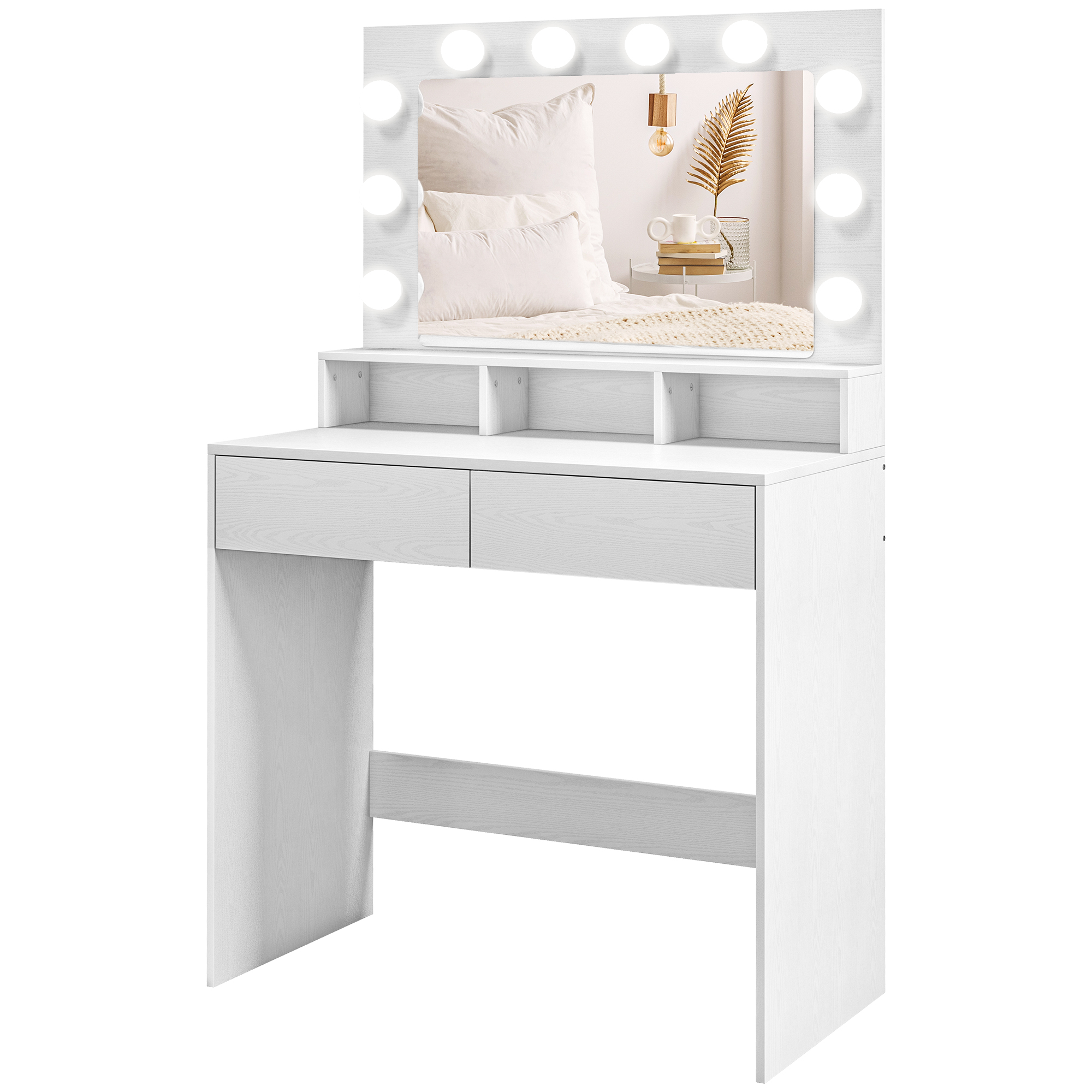 Kaptafel met Verlichte Spiegel, Laden, 3 Lichtopties, 10 Lampen, Hedendaagse Witte Make-uptafel