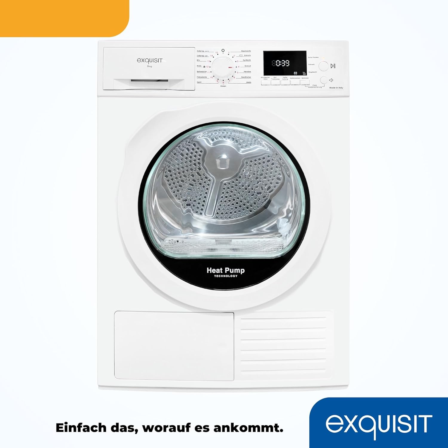 Exquisit Wärmepumpentrockner 9kg - leise Trocknung mit Knitterschutz, digitaler Anzeige & Schuhtray - TWP903-410 weiss