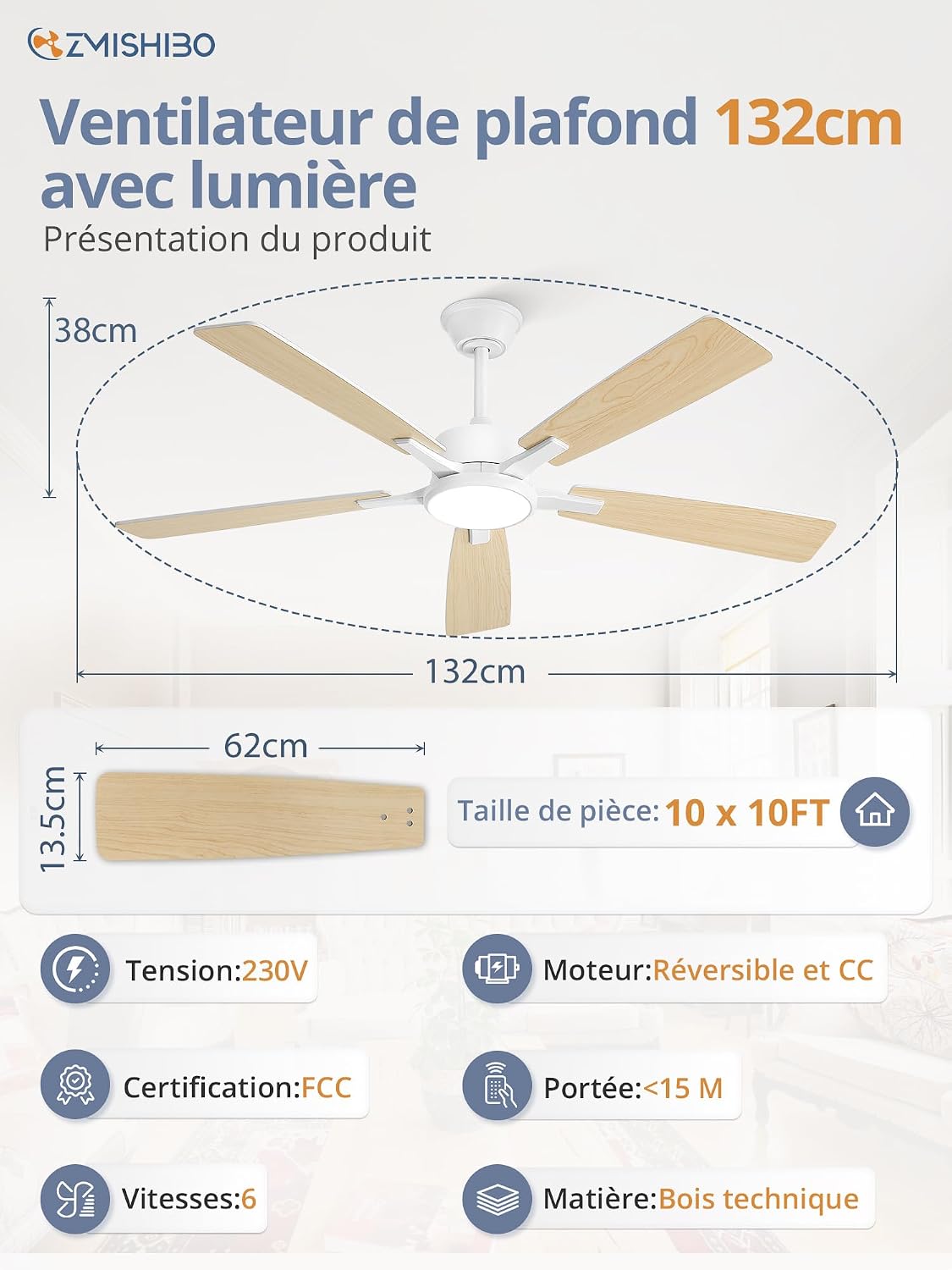 ZMISHIBO Ventilateur de plafond avec lumière 132 cm, Plafonnier ventilateur, APP et télécommande, Moteur DC silencieux, Réversible, 5 pales, LED 3CCT dimmable