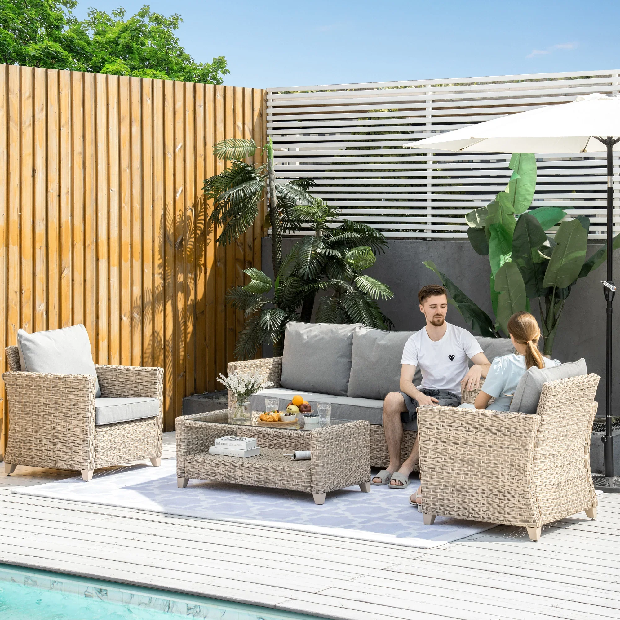 Outsunny Tuingarnituur Rotan 5-delig Buitenbank Bijzettafel Aluminium