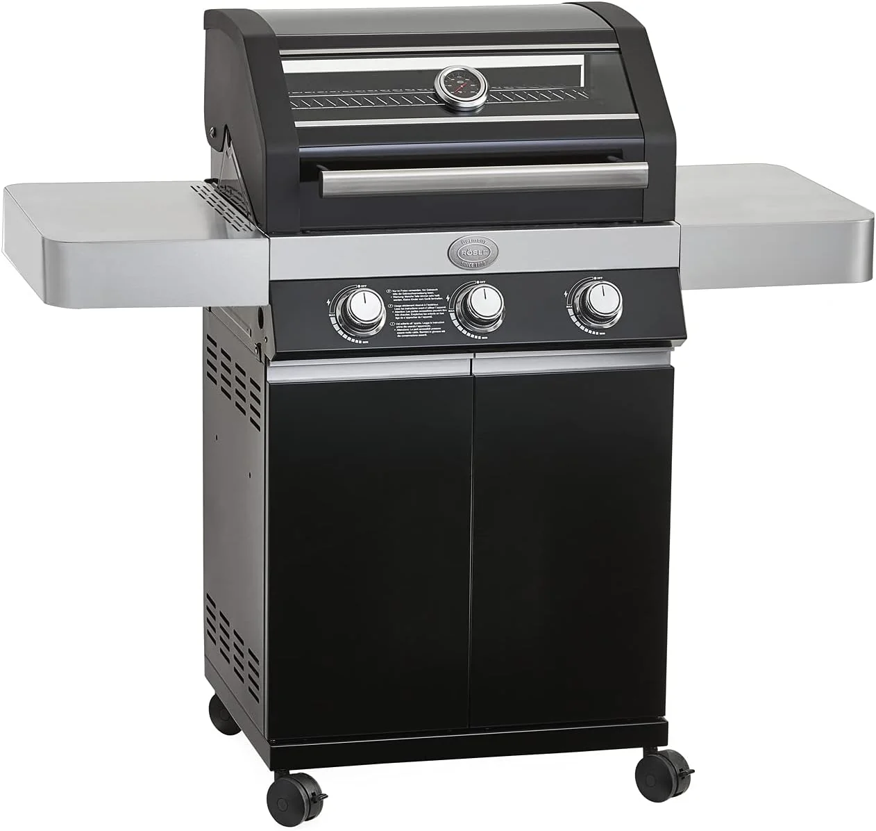 R?SLE Elektrische BBQ-grill Portable Videro E2-P, draagbare tafelgrill met 2 branders, warmhoudrooster en deksel met glasplaat, gepoedercoat staal, zwart/zilver