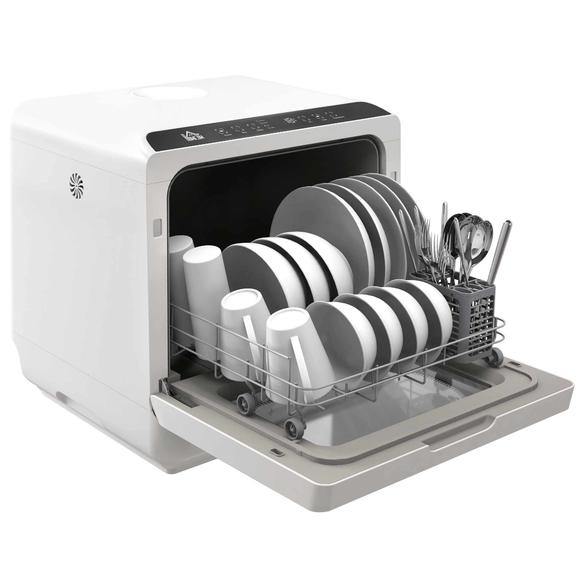 HOMCOM Compacte Tafelvaatwasser, 4 Couverts, Droogmodus, 6L Tank/Kraan, Startuitstel, LED, Wit