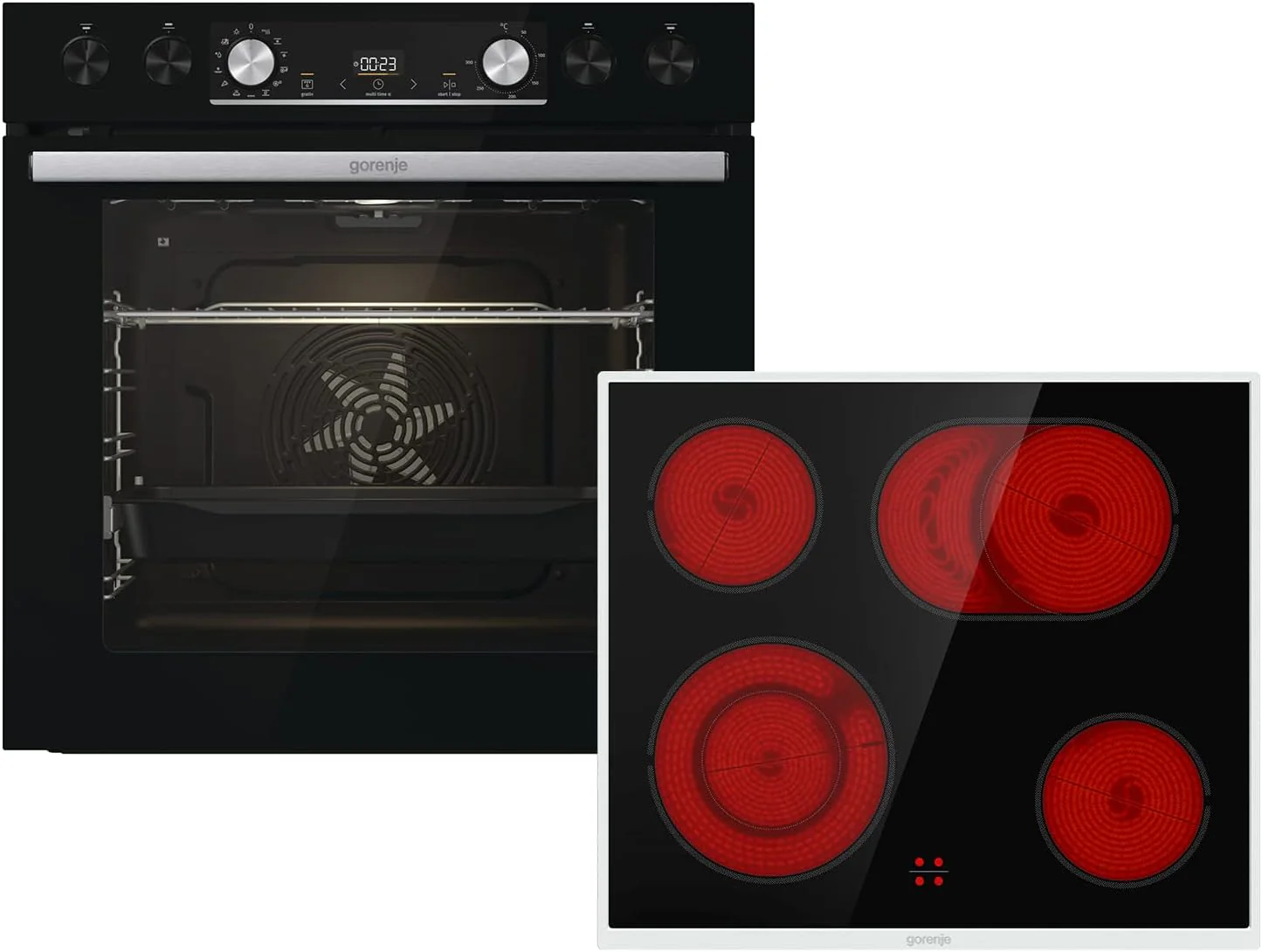Gorenje Einbauherd-Set Hei?luft Inox Set 4 mit Glaskeramik-Kochfeld / 77 Liter / ExtraSteam / GentleClose & Open / EcoClean / AirFry / PizzaMode / PerfectGrill / Teleskopausz��ge / Inox-Look