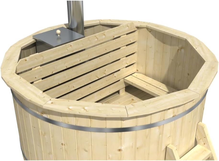 Holz Badefass Bergen, Hot Tub Ø 160 x 110 cm, inkl. Edelstahl-Ofen 22 kW und Einstiegsleiter, 3-4 Personen, Schwimmbecken, Badebottich, Sprudelbad