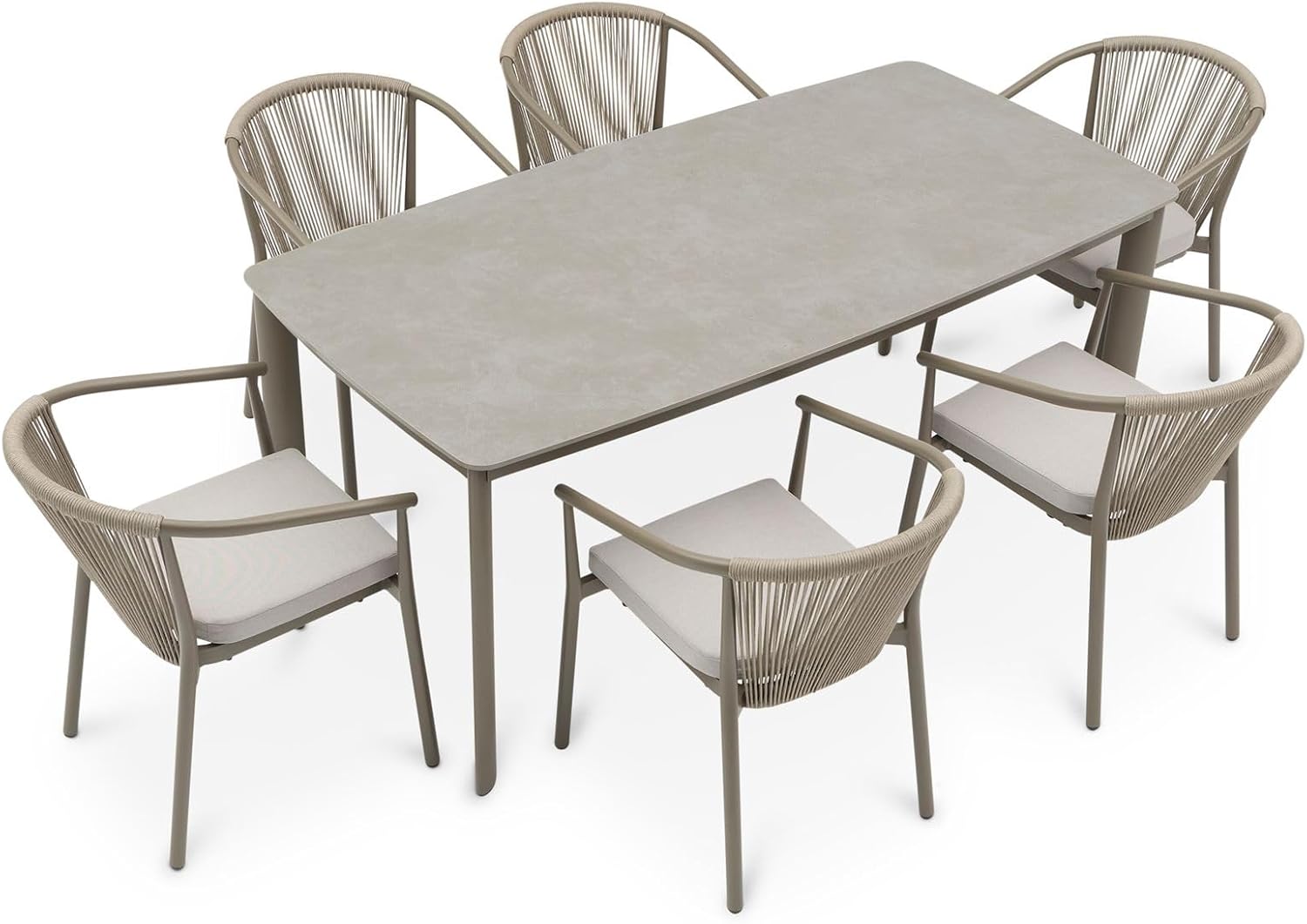 IDIMEX Gartenmöbel Set TAVOLO mit 6 Stühlen und Tisch, Champagner - 180x90 cm Gartentisch mit Keramik- Platte, Outdoor Essgruppe, Stühle mit Rope Bespannung, wetterfest für Garten Terrasse & Balkon