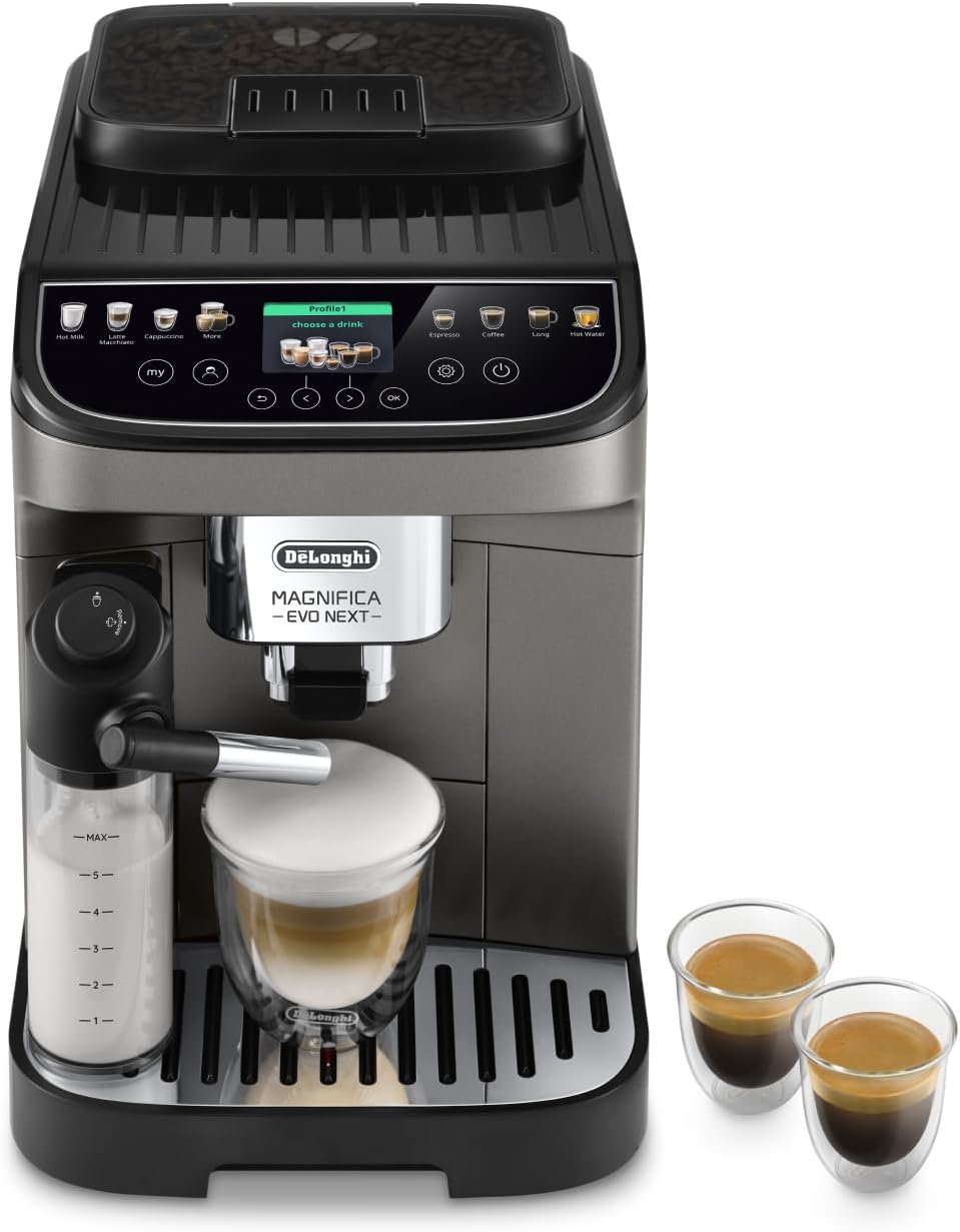 De'Longhi Magnifica Evo Next ECAM312.80.TB, Kaffeevollautomat mit 13 Getränken (Cappuccino, Espresso, Latte Macchiato), 2,4'' TFT Farbdisplay, LatteCrema Milchsystem, 2-Tassen-Funktion, Titan