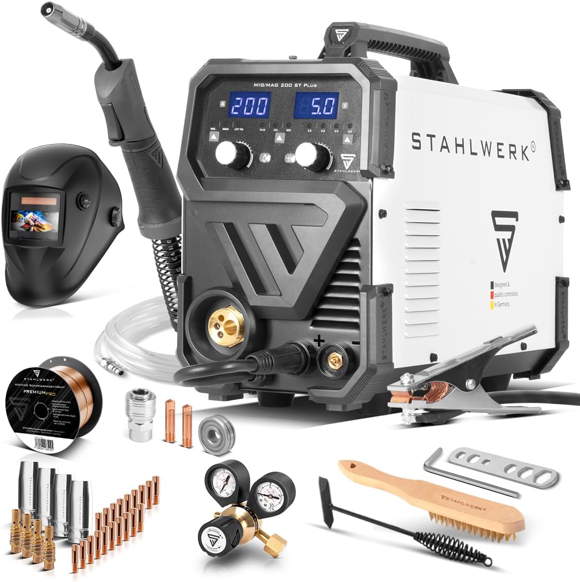 STAHLWERK Schweißgerät MIG/MAG 200 ST – Vollausstattung – IGBT Inverter mit 200 A, Schutzgasgerät mit synergischem Drahtvorschub, FLUX/Fülldraht geeignet, Lift-TIG und MMA/E-Hand (ARC) funktionsfähig
