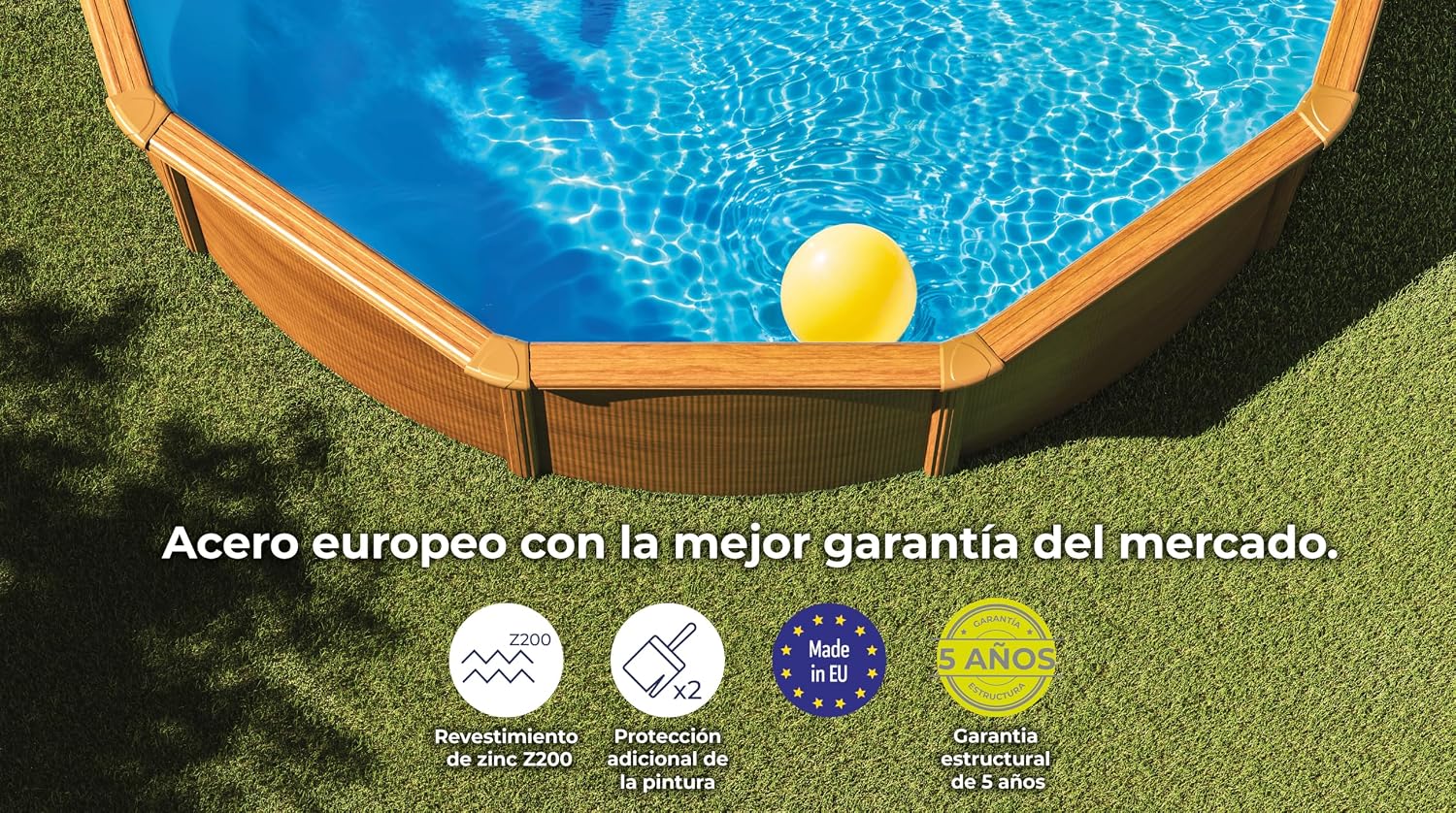 Piscina de Acero Elevada,Redonda con Aspecto Madera. Piscinas Desmontables para Jardín. 240 x 120 cm - Piscina Gre KIT240W Pacific.