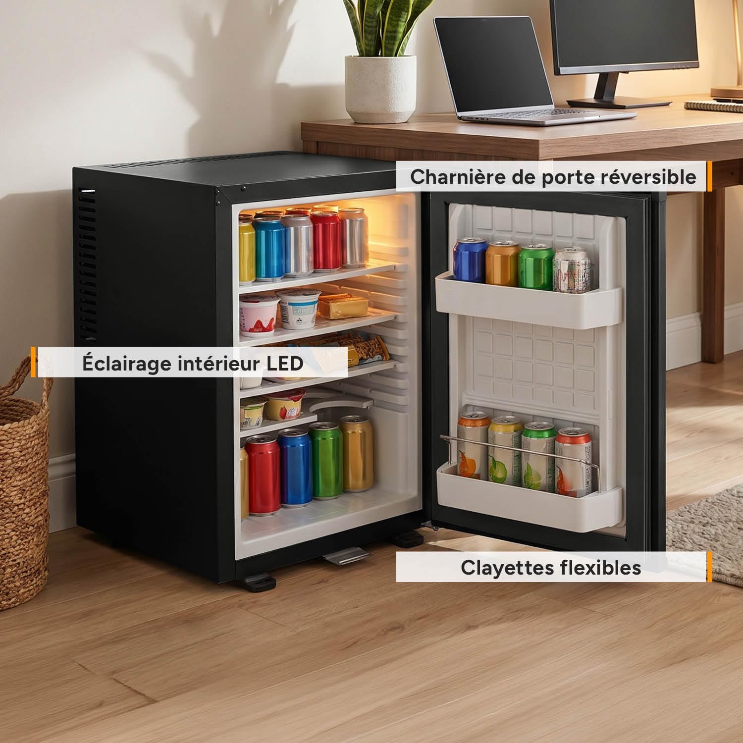 TZS First Austria - Mini réfrigérateur 40L silencieux - Petit mini-frigo avec porte réversible et lumière intérieure - Minibar pour camping, bureau, chambre & hôtel - Noir mat