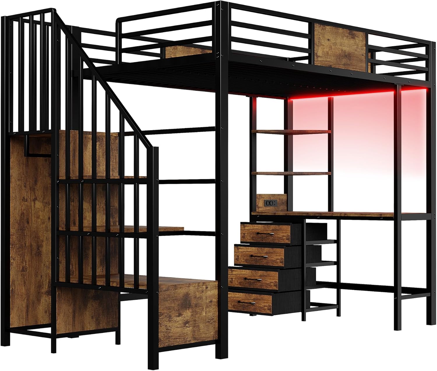 Merax Hochbett 90×200 cm aus Metall, mit Schreibtisch, Offener Kleiderschrank, Loftbett mit LED-Beleuchtung und Steckdose, platzsparendes Etagenbett (ohne Matratze)