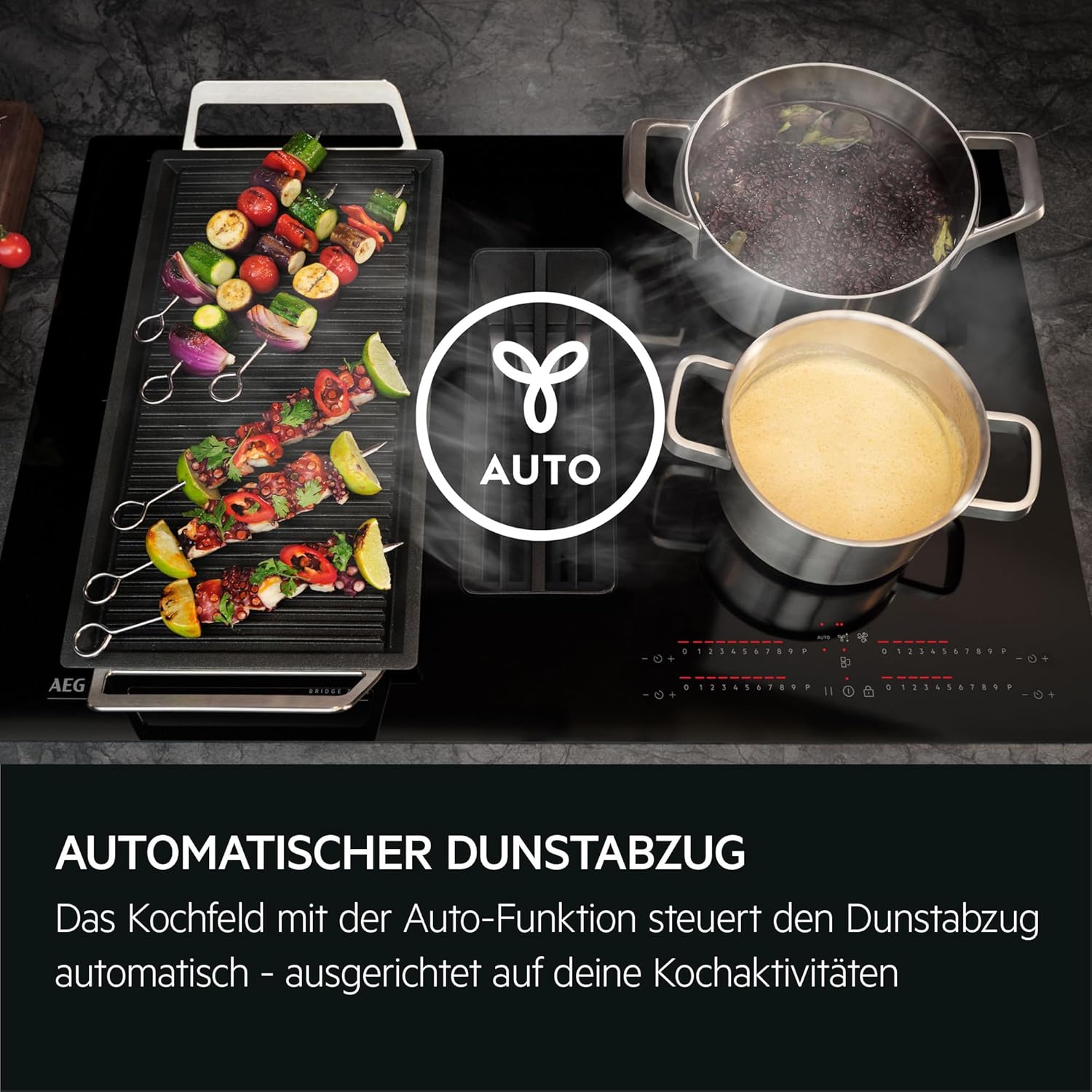 AEG Induktionskochfeld autark 80cm mit Dunstabzug / Made in Germany / 4 Flex-Kochzonen mit Bridge (Kombination 2er Zonen) / Auto-Funktion des Dunstabzugs / Aktivkohlefilter / COLI84COXB