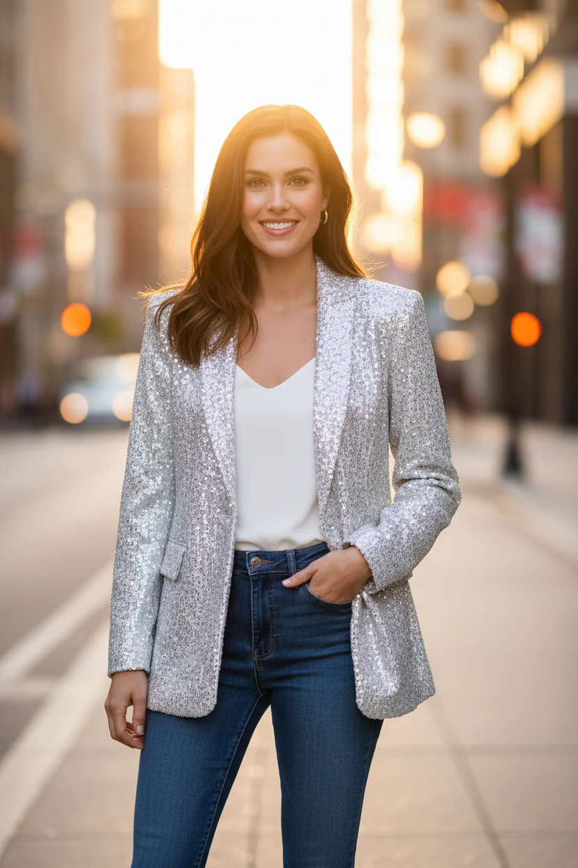 Glitzernder Pailletten-Blazer mit Revers f��r Damen - Elegante Party-Oberbekleidung