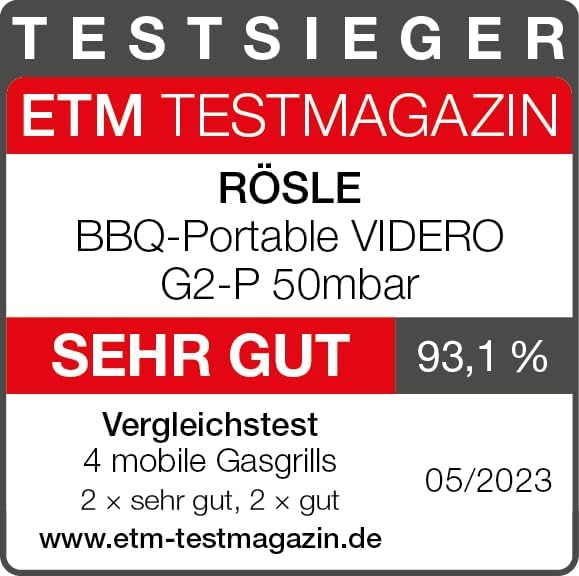 RÖSLE Gasgrill BBQ-Portable VIDERO G2-P, tragbarer Tischgrill mit 2 Edelstahlbrennern, Warmhalterost und Deckel mit Glaseinsatz sowie Deckelthermometer, pulverbeschichteter Stahl, 50 mbar, schwarz